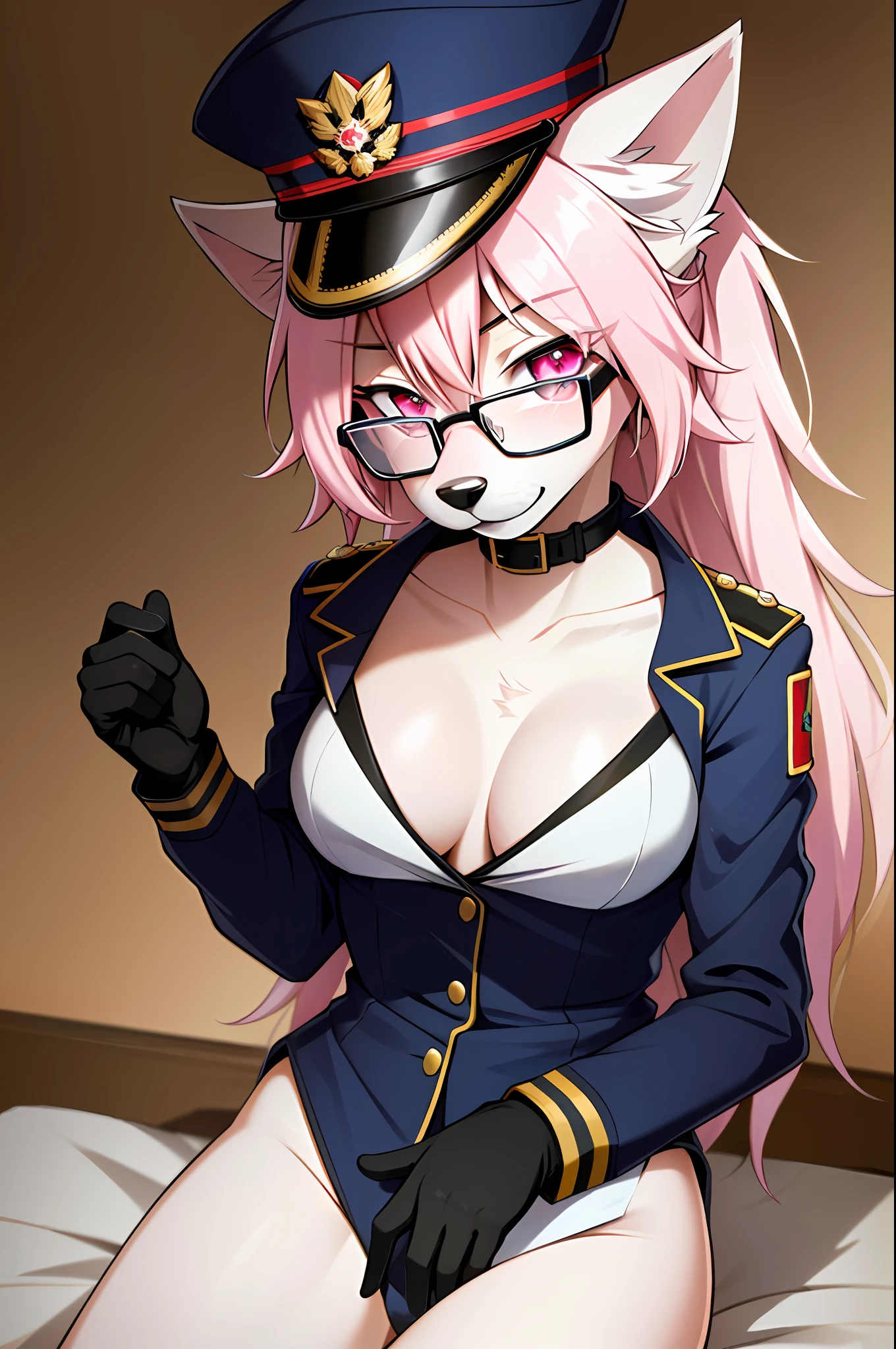 (masterpiece, best quality)), (Anthro Furry:1.3, muzzle:1.2, Anthro:1.3, Furry:1.2, closeup:1.2, female solo:1.2, (wearing Russian military coat) military pants, wearing glasses, Fox spiraled in the colors of Funtime Foxy,Five Nights at Freddy,white skin pink details, pink eyes, sexy position, deserted ambient place, Russian general military hat.