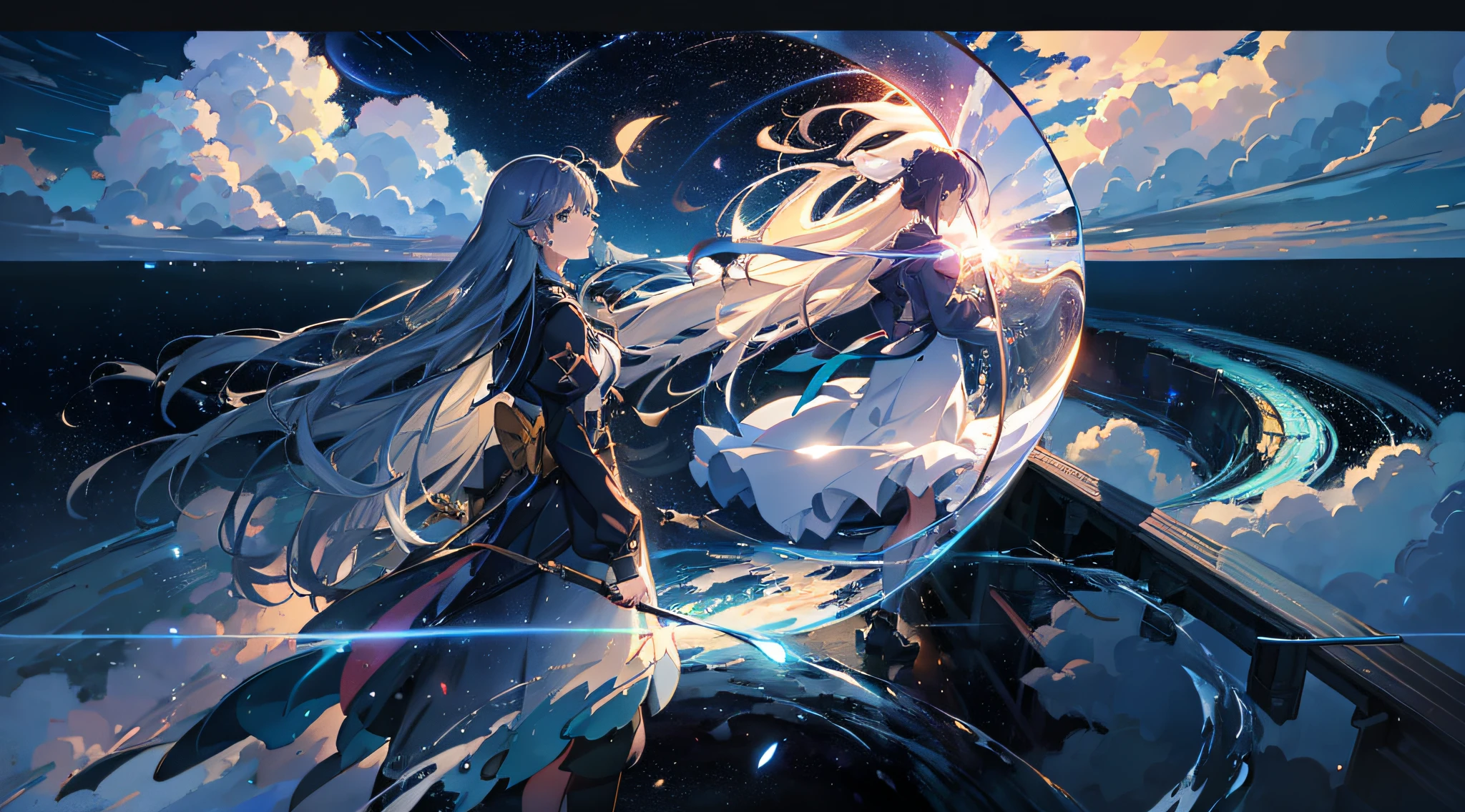 High quality masterpiece, landscape, anime train passing through bodies of water on tracks, bright starry sky. Romantic train, pixiv, concept art, lofi art style, reflection. by Makoto Shinkai, lofi art, Beautiful anime scene, Anime landscape, detailed scenery —width 672, in style of Makoto shinkai, style of Makoto shinkai, enhanced details. --auto --s2