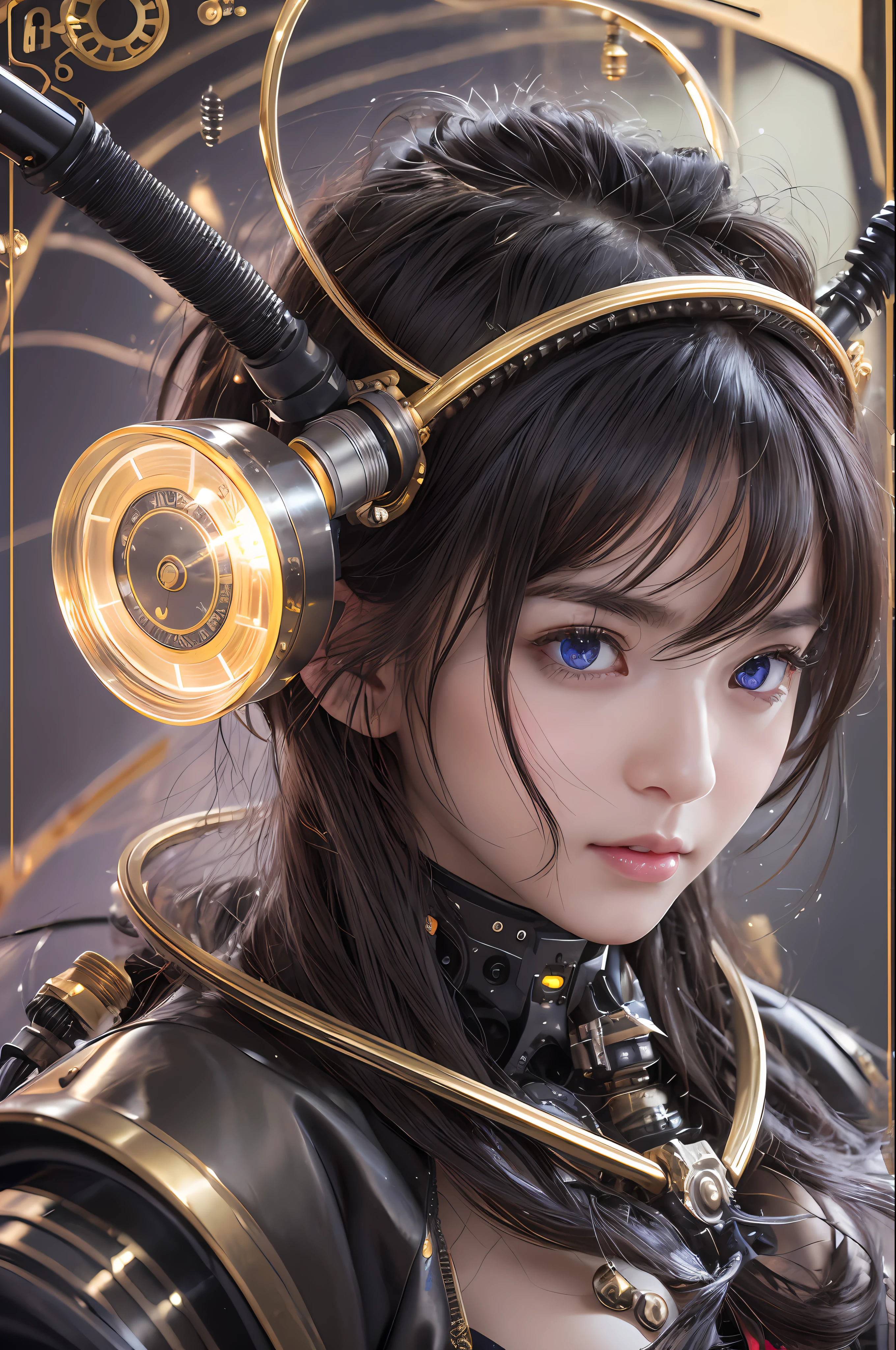 Top Quality, Masterpiece, Ultra High Resolution, (Photorealistic: 1.4), Raw Photo, 1 Girl, Black Hair, Glossy Skin, 1 Mechanical Girl, (Ultra Realistic Details)), Portrait, Global Illumination, Shadows, Octane Rendering, 8K, Ultra Sharp, Big, Cleavage Exposed Raw Skin, Metal, Detail of Intricate Ornaments, steampunk details, vacuum tubes, nixie tubes, oil pressure gauges, glass tubes, analog meters, gears, gears, golden hydraulic cylinders, very intricate details, realistic light, CGSoation trends, purple eyes, glowing eyes, facing the camera, neon details, mechanical limbs, blood vessels connected to tubes, mechanical vertebrae attached to the back, mechanical cervical attachment to the neck, sitting, wires and cables connecting to the head, Gundam, small LED lamps,