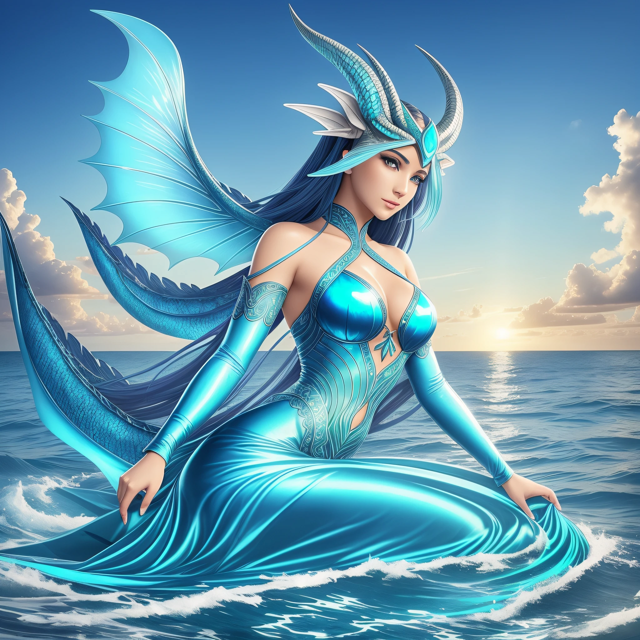 Create a female, non-vulgar dragon. (((Her outfit is a long dress of sky blue color))). It is a majestic elemental dragon whose power is ruled by the element of water. She personifies the serene and mysterious beauty of the waters in their purest form. Its scaly body is adorned by scales of a deep blue, which glow with an iridescent glow in the sunlight. The smooth, silky texture of its scales evokes the fluidity and serenity of the tranquil waters. Its wings, delicate and translucent as thin membranes. His face is adorned by long horns that curve elegantly backwards, symbolizing his connection to the ocean depths. His mesmerizing eyes, a shade of deep sea-blue, reflect the age-old wisdom and eternal serenity of the waters. It exudes a mysterious and seductive aura, attracting the gazes of all who behold it. --auto --s2