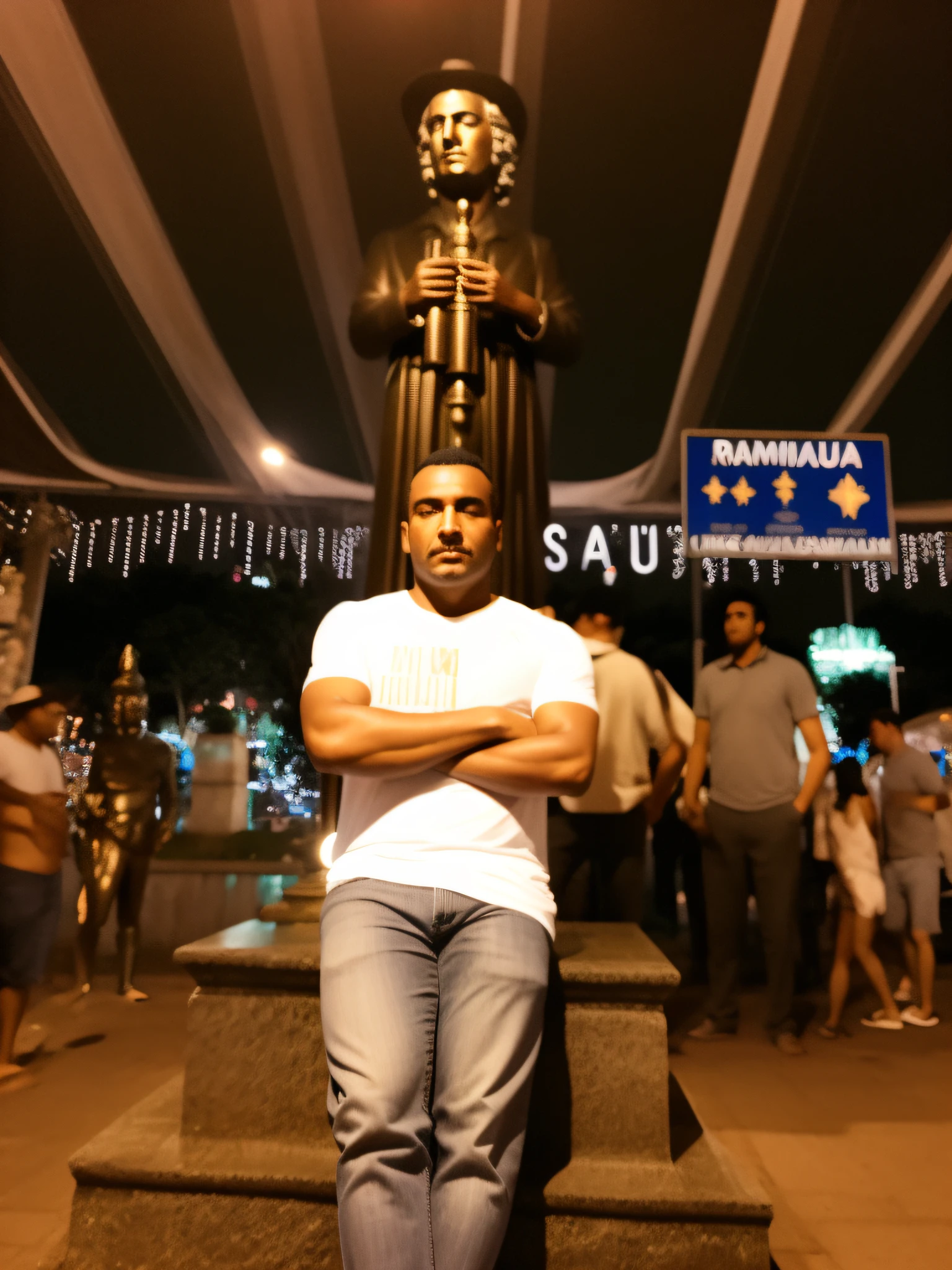 there is a man standing next to a statue of a man, in sao paulo, salvador, by Ramón Silva, taken in the night, by Willian Murai, in marijuanas gardens, nigth, by Ingrida Kadaka, inspired by Amadeo de Souza Cardoso, sitting down, by Ceferí Olivé