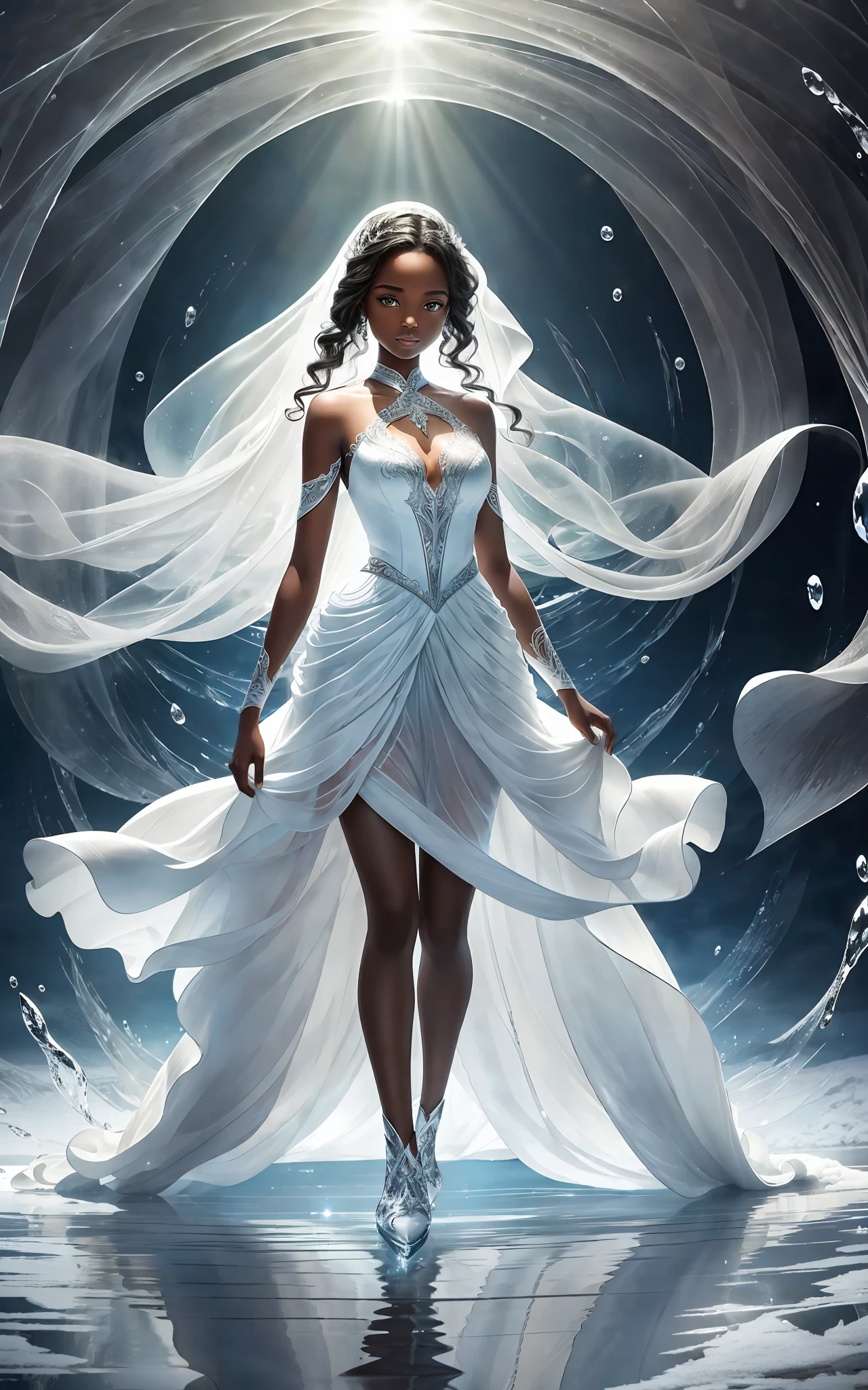 award winning 64k concept art of (black 1girl:1.2) in white majestic open dress standing proudly on the ice, posing, epic, god rays, centered, upper body, (masterpiece:1.2), (best quality:1.2), Amazing, highly detailed, beautiful, finely detailed, warm soft color grading, Depth of field, extremely detailed 64k, fine art, stunning, iridescent, shiny, (light reflections:1.2), (crisp:1.5), silver curls, wind, vibrant, sunlit, (edge detection:1.2), absurdres, impressive, 120mm