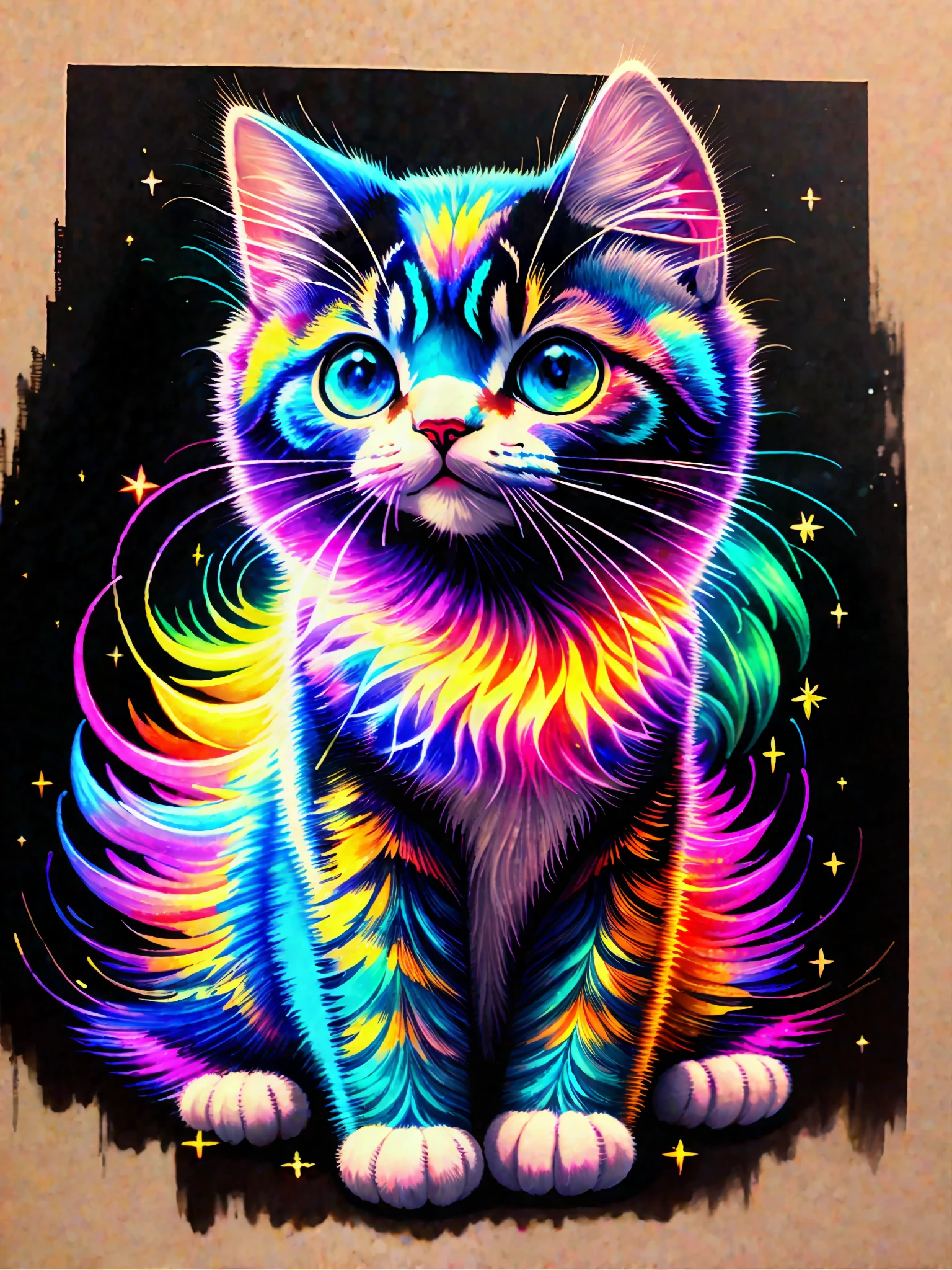 a painting of colored umabaleia on a black background,, breathtaking rendering, within a radiant connection, inspired by Kinuko Y. Craft,, magical elements, kitten icon, wow, is beautiful, casting a multi colorful spell, bright flash, flash