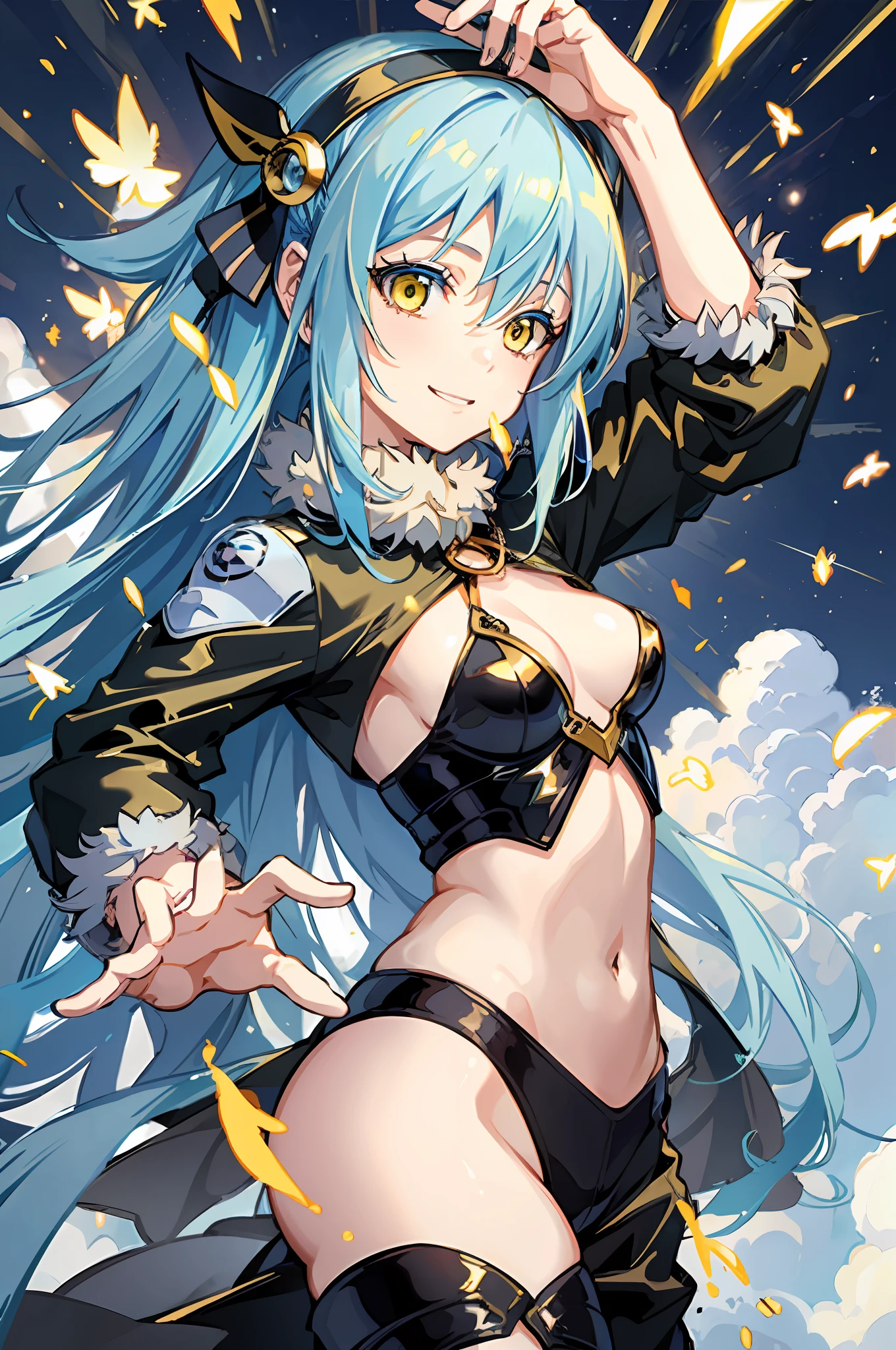 ((Best Quality)), ((Masterpiece)), (Details),Rimuru Tempest, Light Blue Hair, Yellow Eyes, Long Hair, Man's Daughter, Man's Body, Smile, Black Coat