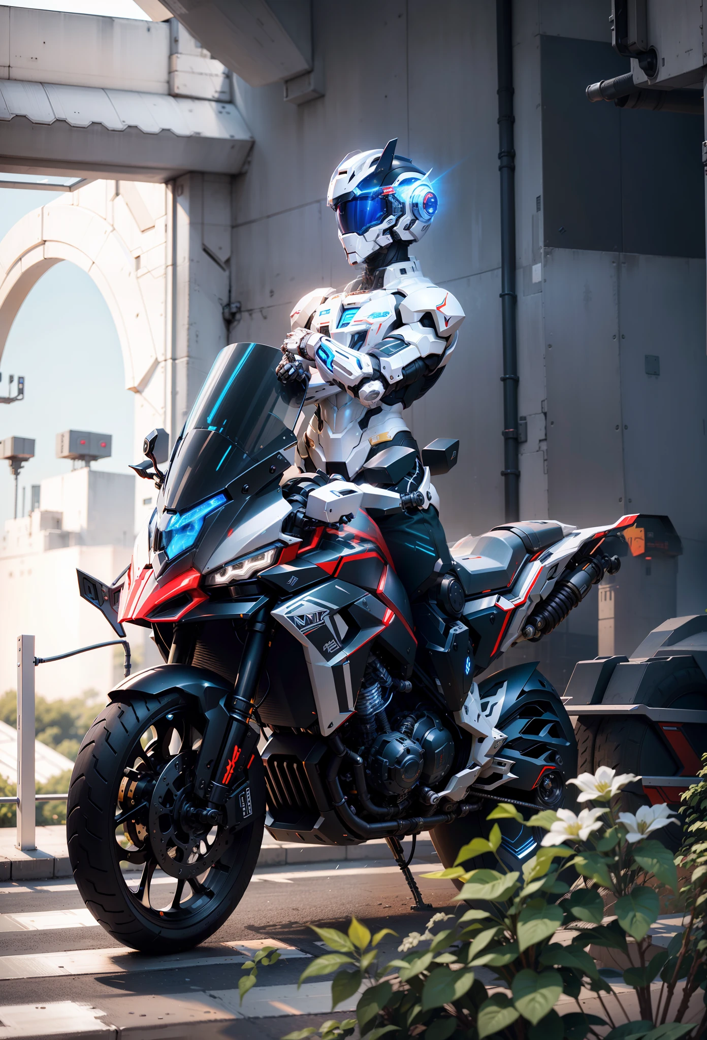 Brave full body white mecha white short hair cyberhandsome male warrior and cyber mechanical motorcycle, high-tech white full surround helmet, Nousr, biomechanics, MSHN robot man, high-tech helmet, surreal, steel, intricate design, crazy details, fine details, extremely clear lines, cinematic lighting, photo realism, detailed masterpiece