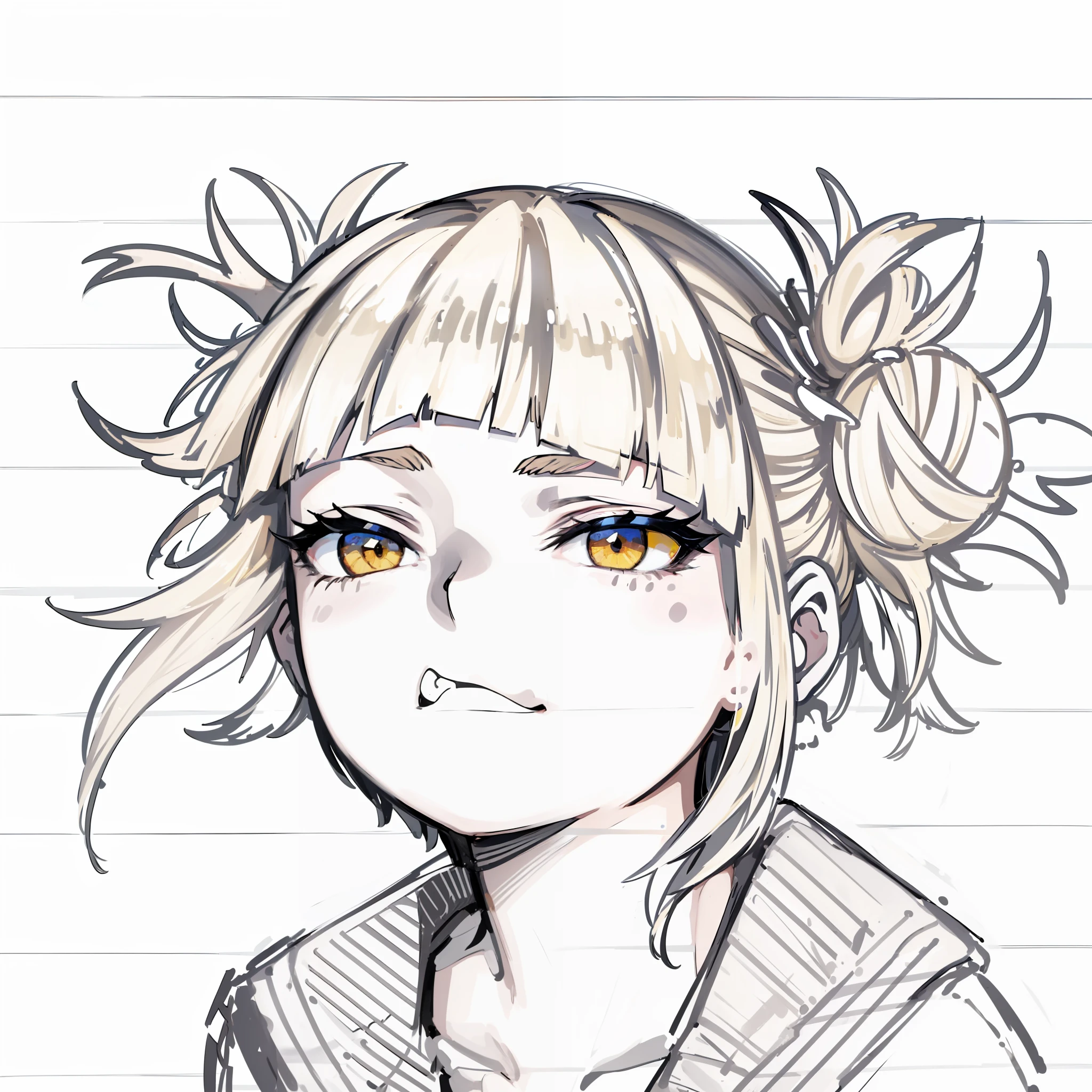 (((1girl))), ((toned)), female focus, masterpiece, high quality, (masterpiece:1.2), (best quality:1.2), shiny, realistic, ornate, intricate, shirtless, ((yellow hair)), (short hair), yellow eyes, bangs, hair between eyes, hair_stick, hot_girl, studant_clothes, ring, solo, hair_bun, hair_ornament, hair_pin, holding_fan, paper_fan, elegant, looking_at_viewer, holding_fan, red_eyeliner, FH , looking at the horizon, pupils constricted, (shadows cast over the face:1.3), dark room, shadow room, funny expression, (portrait)