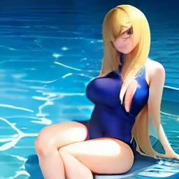 Anime girl sitting in blue swimsuit sitting in pool, seductive anime girl, oppai, beautiful and seductive anime woman, smooth anime CG art, attractive anime girl, wearing swimsuit, detailed digital anime art, beautiful anime woman, biomechanical oppai, realistic anime girl rendering, long hair blonde anime girl, rin, drawn in anime artist studio, Tsunade