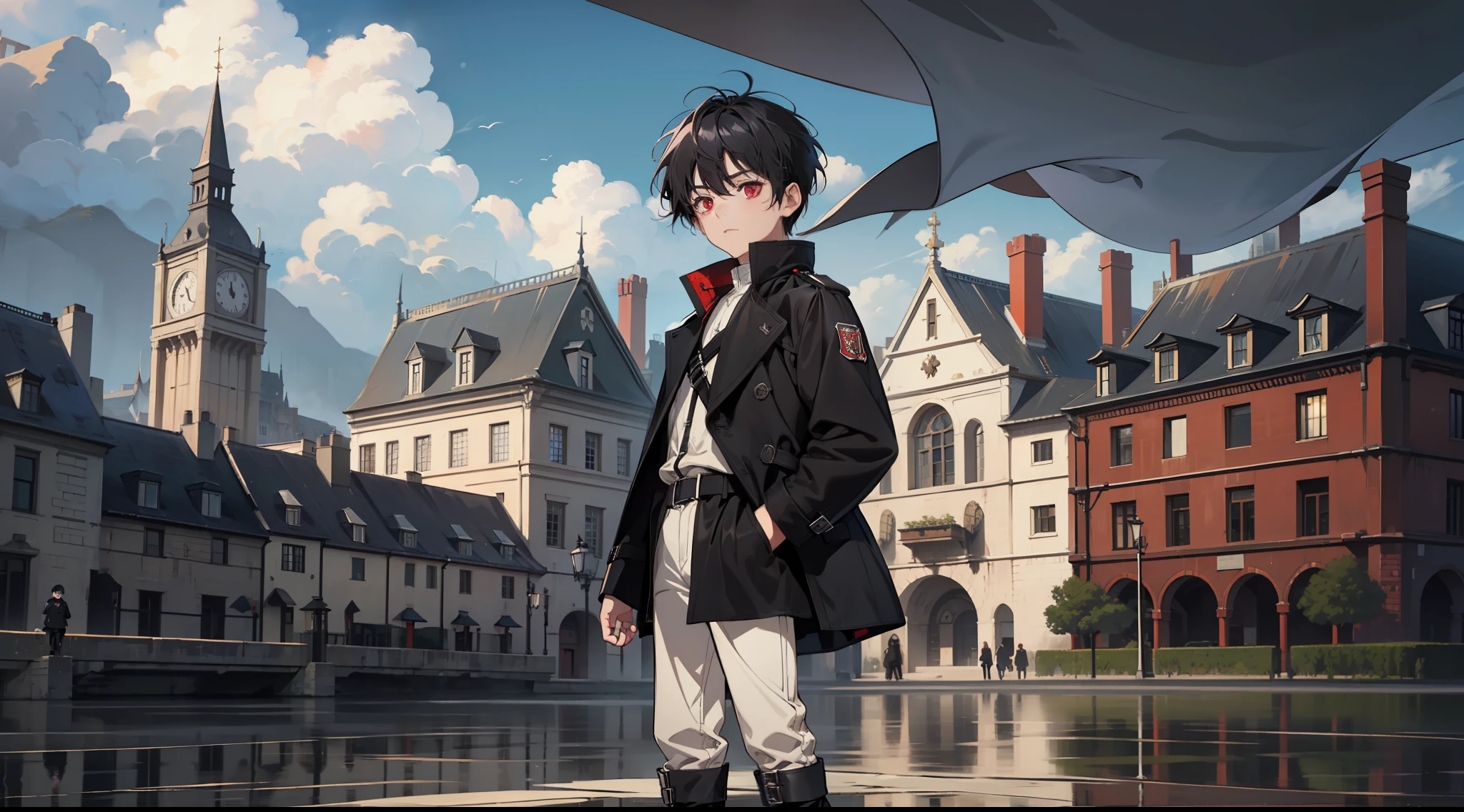 (absurd, high resolution), (panorama), little boy, red eyes, short hair, black hair, sad, white underwear, black trench coat, black trousers, black boots, medieval town, square, daytime, antique, extreme detail,