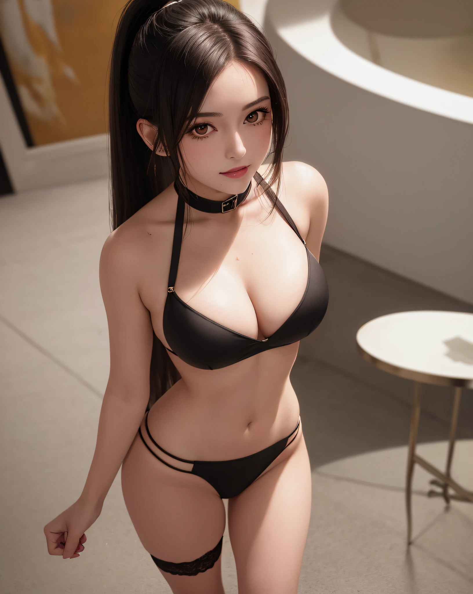 (Masterpiece, Best Quality, Ultra Detailed, 8K, Detailed Light, (Detailed Skin), 1 Sexy Girl, Tifa, Face, 18 years old, Brunette hair, Long hair, Black eyes, Eye reflex, Affectionate Eyes, Detailed Eyes, Solo, Extremely Tender Skin, Moist Skin, Skin Reflective Light, Updraft), Wallpaper, Anime Face, Personification, short_ponytail, Yellow hair,competition swimsuit,stockings,heart hair ornament,medium breast,adorable girl,nun,grin,looking at viewer,looking up,thumbs_up, against wall,holding_hands,Bare thigh,chair, wine glass,rain,sky,gorgeous