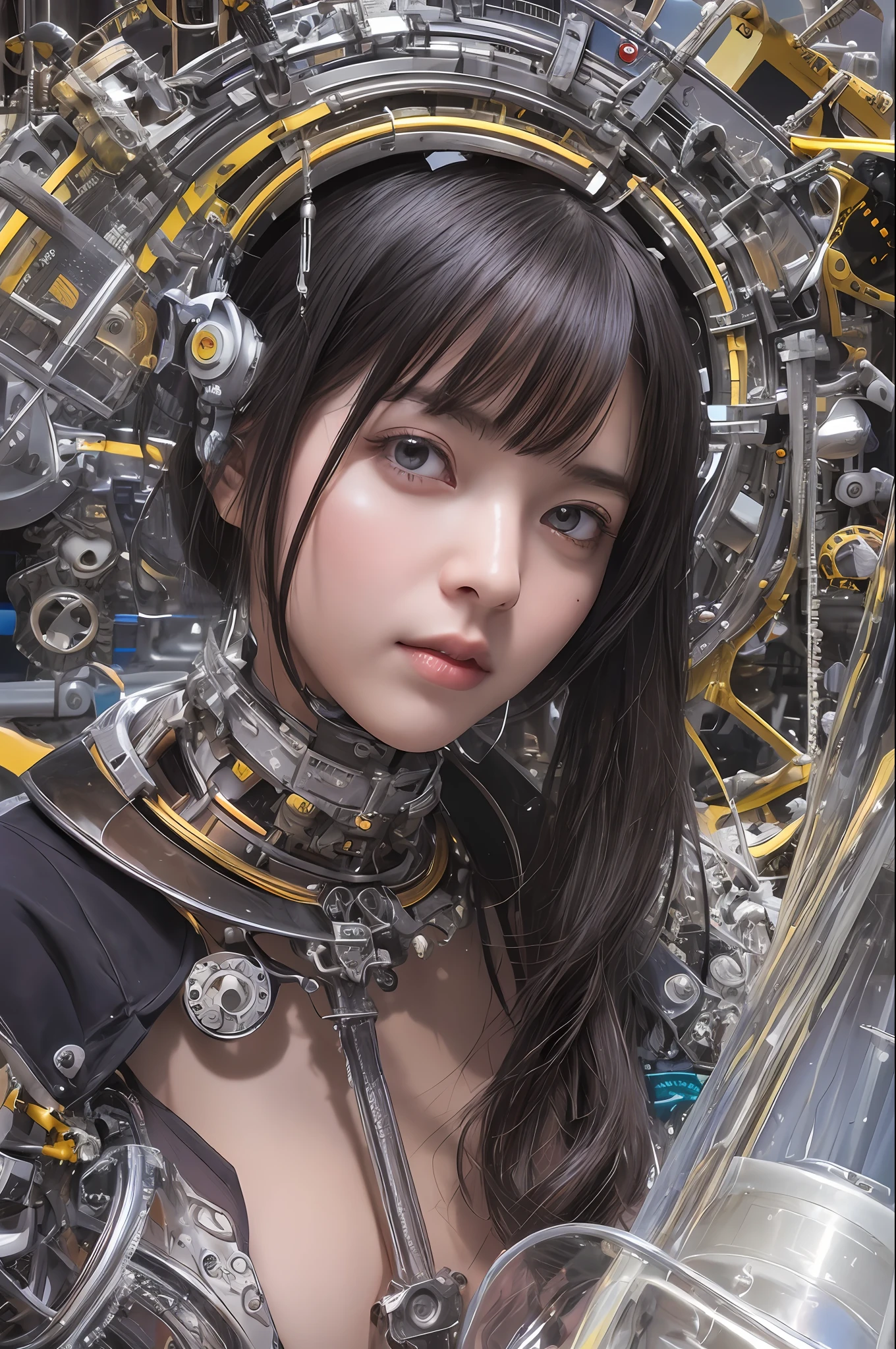 Top Quality, Masterpiece, Ultra High Resolution, (Photorealistic: 1.4), Raw Photo, 1 Girl, Black Hair, Glossy Skin, 1 Mechanical Girl, (Ultra Realistic Details)), Portrait, Global Illumination, Shadows, Octane Rendering, 8K, Ultra Sharp, Big, Cleavage Exposed Raw Skin, Metal, Detail of Intricate Ornaments, steampunk details, vacuum tubes, nixie tubes, oil pressure gauges, glass tubes, analog meters, gears, gears, golden hydraulic cylinders, very intricate details, realistic light, CGSoation trends, purple eyes, glowing eyes, facing the camera, neon details, mechanical limbs, blood vessels connected to tubes, mechanical vertebrae attached to the back, mechanical cervical attachment to the neck, sitting, wires and cables connecting to the head, Gundam, small LED lamps,