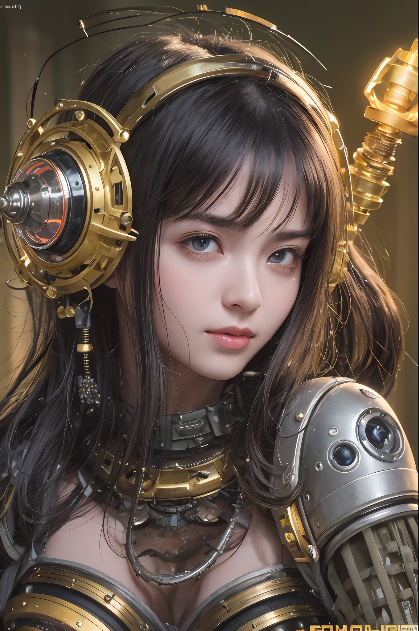Top Quality, Masterpiece, Ultra High Resolution, (Photorealistic: 1.4), Raw Photo, 1 Girl, Black Hair, Glossy Skin, 1 Mechanical Girl, (Ultra Realistic Details)), Portrait, Global Illumination, Shadows, Octane Rendering, 8K, Ultra Sharp, Big, Cleavage Exposed Raw Skin, Metal, Detail of Intricate Ornaments, steampunk details, vacuum tubes, nixie tubes, oil pressure gauges, glass tubes, analog meters, gears, gears, golden hydraulic cylinders, very intricate details, realistic light, CGSoation trends, purple eyes, glowing eyes, facing the camera, neon details, mechanical limbs, blood vessels connected to tubes, mechanical vertebrae attached to the back, mechanical cervical attachment to the neck, sitting, wires and cables connecting to the head, Gundam, small LED lamps,