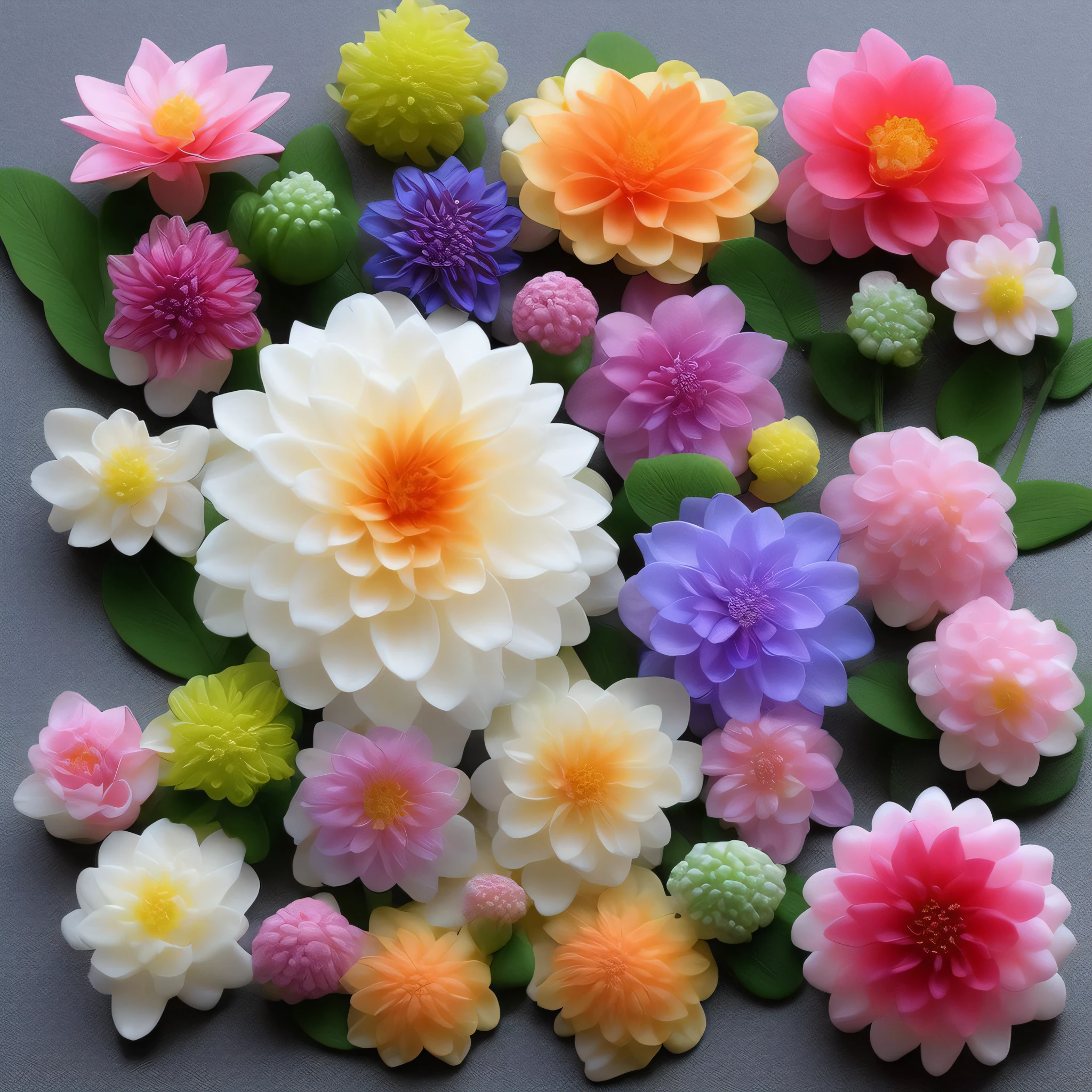 Multi-element flowers, elemental flowers, round dahlia flowers, 10 rings