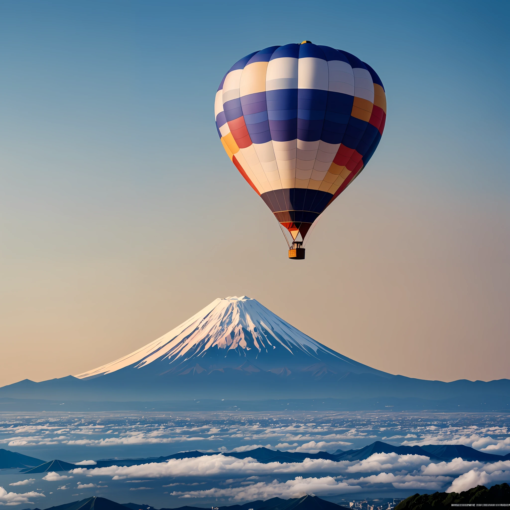 A hot air balloon floating over Suruga Bay, with Mount Fuji in the background. The image captures a serene and peaceful morning scene. The weather is cloudy, adding a soft and dreamy atmosphere to the composition. The camera used is a high-quality model, ensuring exceptional photo quality. The perspective is chosen to showcase the vastness of Suruga Bay and the majestic presence of Mount Fuji in the background. The lighting is diffused, casting a gentle glow on the landscape. The depth of field is carefully adjusted to capture both the details of the hot air balloon and the distant beauty of Mount Fuji. The shutter speed is set to freeze the motion of the balloon while maintaining a sense of movement in the surrounding clouds. The overall result is a captivating image that transports viewers to the tranquil beauty of Suruga Bay and the awe-inspiring sight of Mount Fuji.