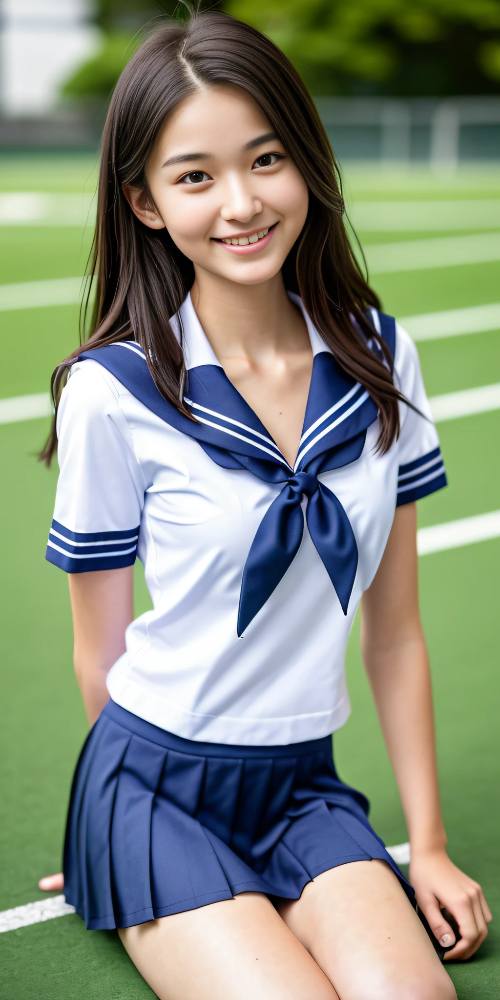 neat college girl, (school uniform, sailor uniform, ribbon tied at chest, summer clothes, upper body white, skirt dark blue, short sleeves), outside the athletic field, (slim), photorealistic, detail, skin texture, ultra detail, delicate and sexy collarbone, smile, super detailed face, detailed lips, detailed eyes, double eyelids, small breasts, small breasts, small, flat breasts, breast emphasis