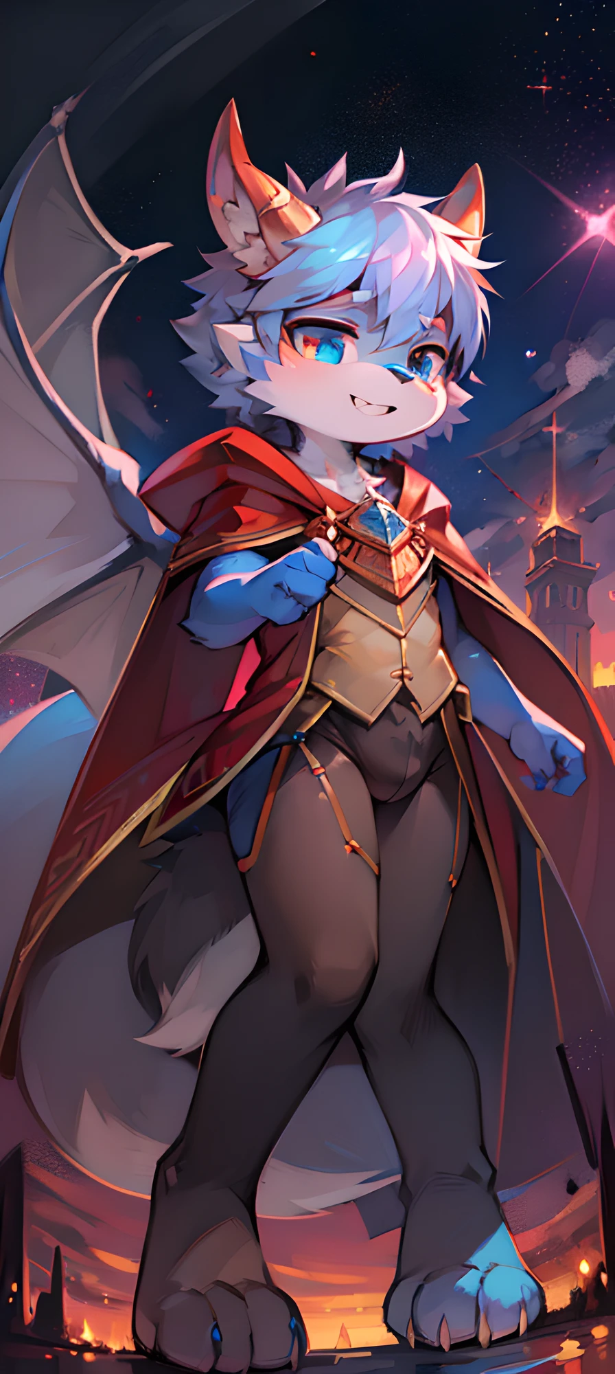 Bright environment, high quality, (toddler, dragon, neutral, animal: 1.4), absurd res, digital painting \ (artwork), (dragon, fluffy fur, character focus: 1.3), short hair, portrait, bright eyes, left eye red, right eye blue, (short dragon horn: 1.3), panorama, (character focus: 1.3). (detailed background: 0.9), solo, furry, furry neutral, neutral focus, standing, (full body fur, furry tail, red and blue fur, red and blue eyes, gray hair: 1.3), (small wings: 1.5), (long canine teeth: 1.0), king, (red cloak: 1.1) (towers of god, blue towers, violet, blue, red, god, red sky, violet sky, starry sky, stars, starry towers, starry god, light blue, civilization, order: 1.3), (magic array: 1.5), (magic particles, magic: 1.3), (face details, hand details, foot details, ear details: 1.1), better movements