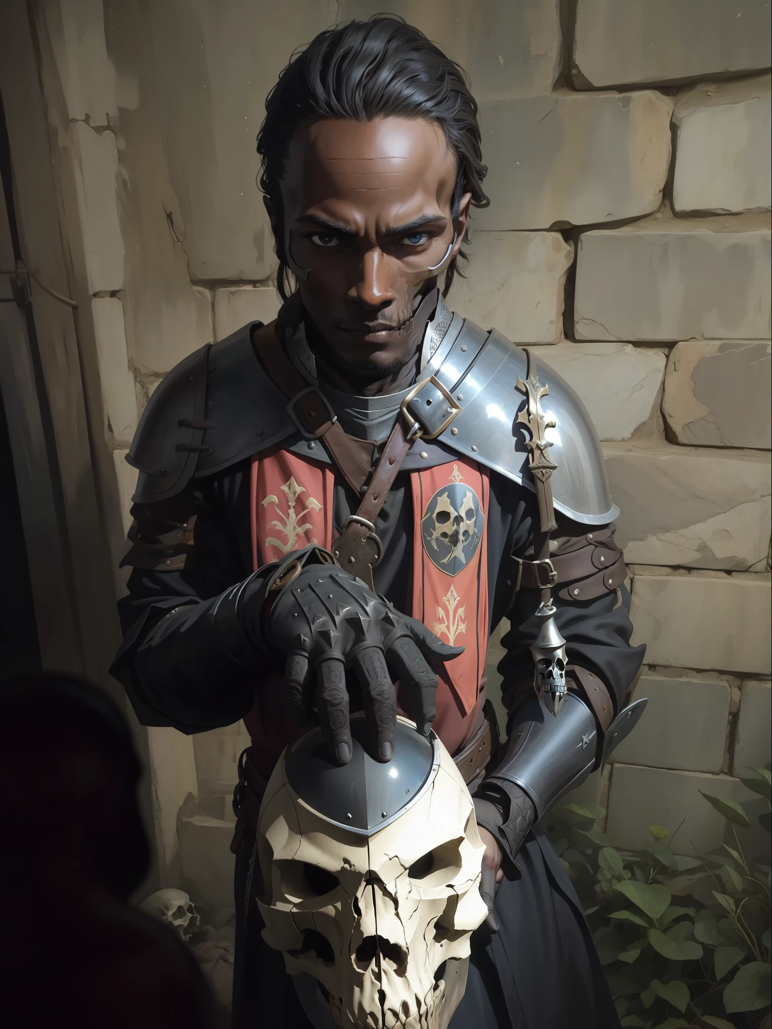 Medieval knight, with dark skin holding a skull helmet made of bones and metal