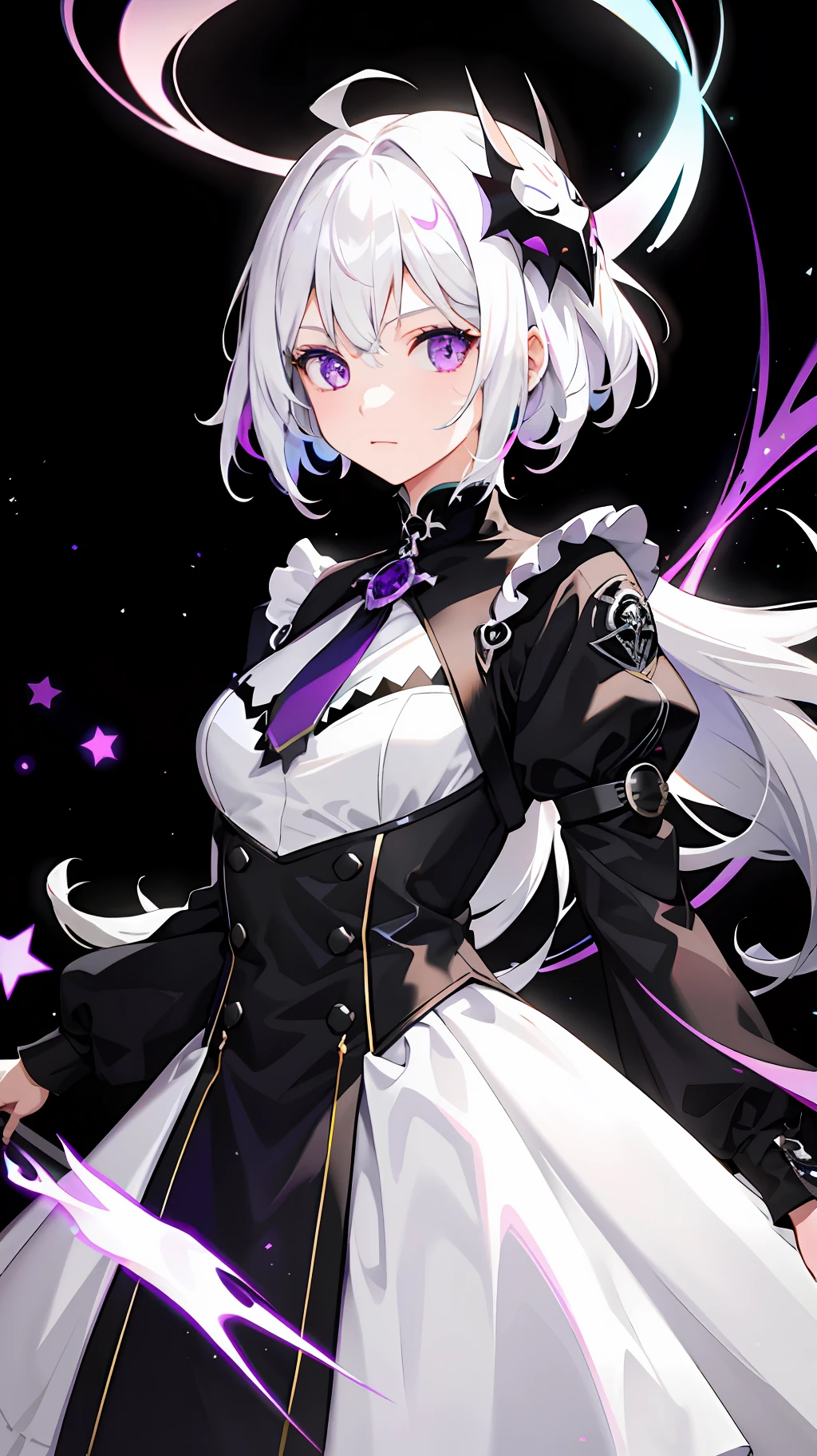 1girl, white hair, multicolored hair, purple eyes, mask on head, sidelighting, light particles, wallpaper,