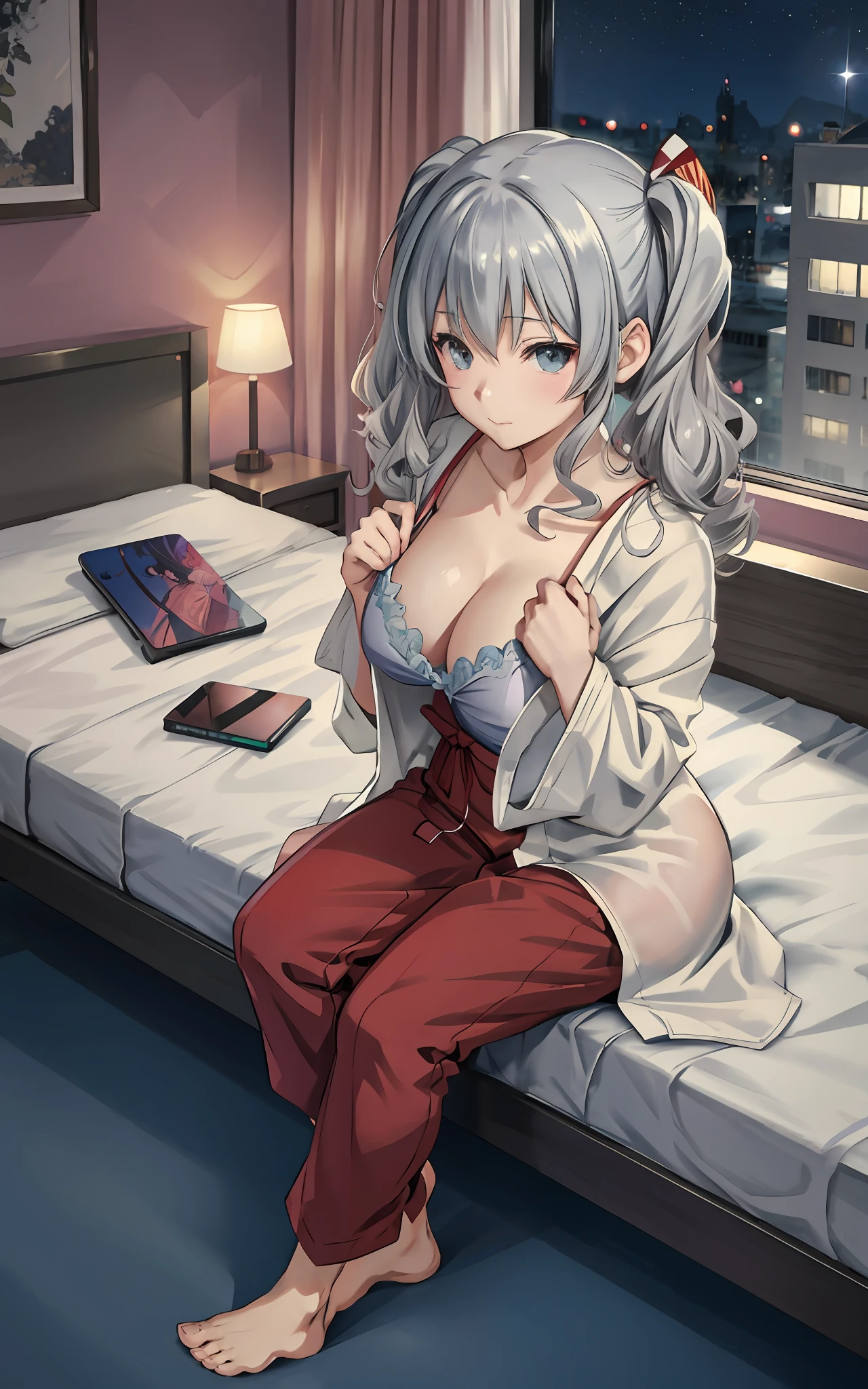 ((Anime girl posing big on hotel bed)), (Night view))), (Twin Tails)), (Wearing a bathrobe with a wide open chest))), ((Putting her hands on the chest of the bathrobe))), ((Barefoot)), ((Perfect style)), ((Bra and pants are on the bed)), (Light bathrobe)), Seductive anime girl, best anime 4K wallpapersPerfect gray haired girl, charming anime girl, 4k anime wallpaper, 4k manga wallpaper, detailed digital anime art, best girl of anime, beautiful anime girl, detailed anime artwork, beautiful charming anime woman