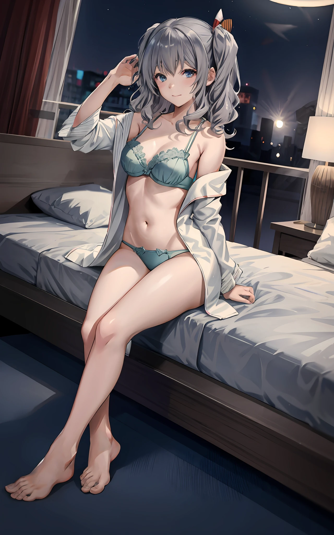 ((Anime girl posing big on hotel bed)), (Night view))), (Twin Tails)), (Wearing a bathrobe with a wide open chest))), ((Putting her hands on the chest of the bathrobe))), ((Barefoot)), ((Perfect style)), ((Bra and pants are on the bed)), (Light bathrobe)), Seductive anime girl, best anime 4K wallpapersPerfect gray haired girl, charming anime girl, 4k anime wallpaper, 4k manga wallpaper, detailed digital anime art, best girl of anime, beautiful anime girl, detailed anime artwork, beautiful charming anime woman