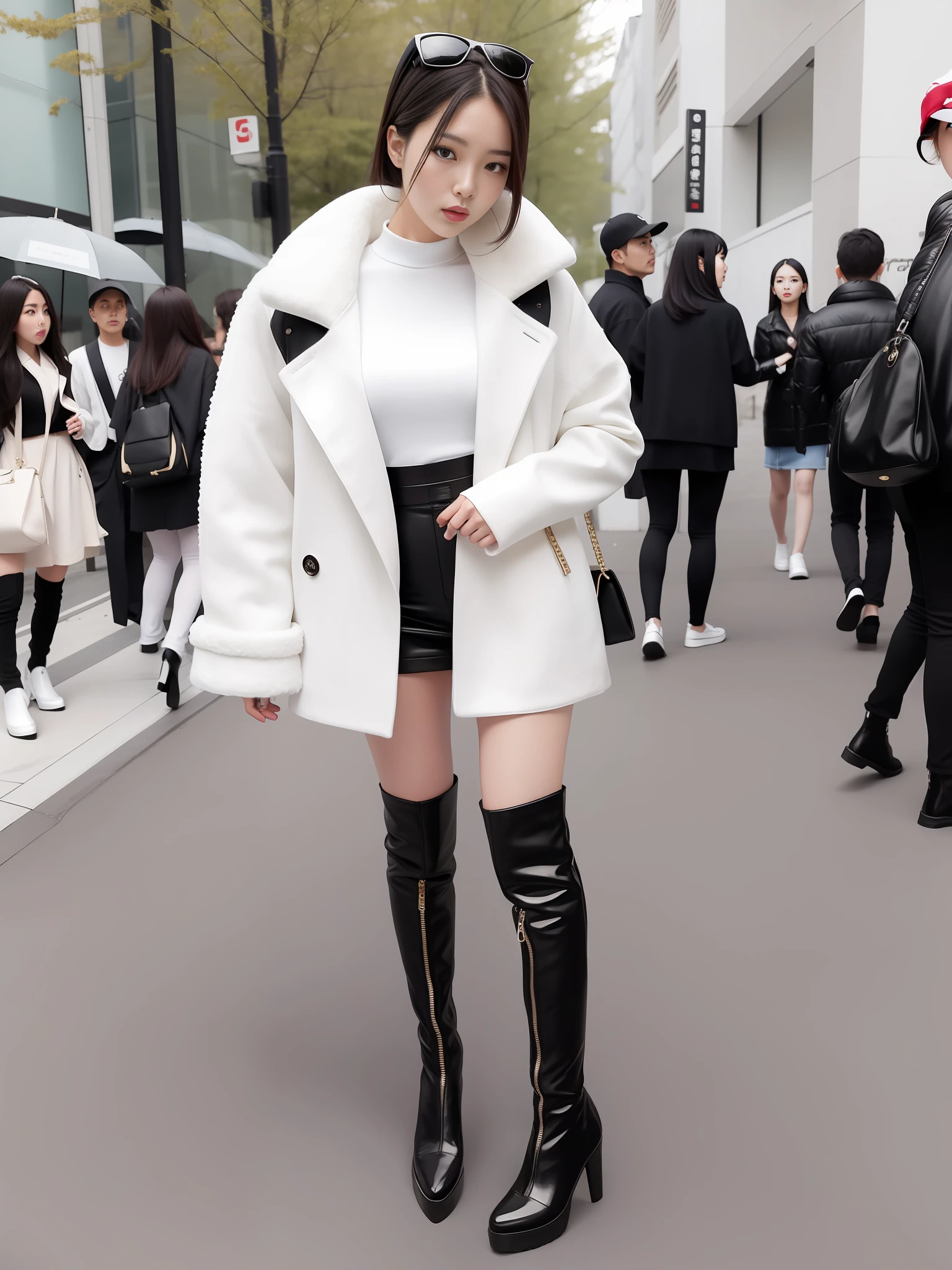 A woman in a white top and black boots standing on the street, Korean female fashion model, white fluffy outfit, short skirt and long jacket, Japanese city street fashion, black pink Rosan Park, she wears streetwear, Japanese street fashion, Tokyo fashion, woman in streetwear, jacket and skirt, street fashion, Harajuku street fashion, beautiful woman walking in the wind, black gloves, over-the-knee red boots, tall, long legs, perfect body proportions, thin waist, black suspender stockings, tall, Slender body, nine-headed body, big eyes, beautiful and exquisite face, perfect body details, perfect body proportions, perfect visual proportions, fashion shooting, glamorous, feminine, delicate, highlighting female curves, subtext: sexy, confident. Korean girl