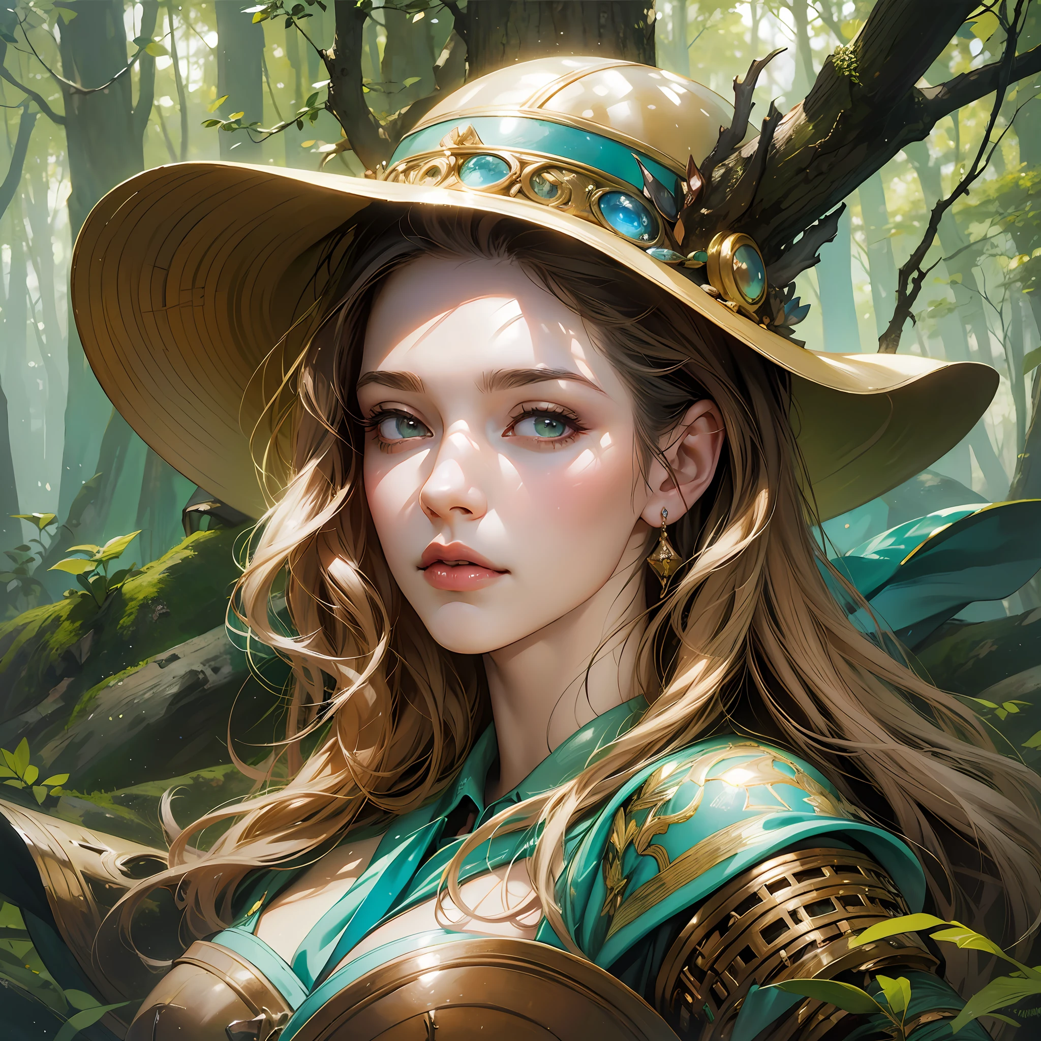 woman in a hat and dress posing in the woods, tyler edlin fantasy art, hyperrealistic fantasy art, realistic fantasy artwork, fantasy genre portrait, karol bak uhd, fantasy art behance, realistic fantasy illustration, artgerm julie bell beeple, fantasy art portrait, fantasy portrait art, realistic fantasy painting, fantasy portrait