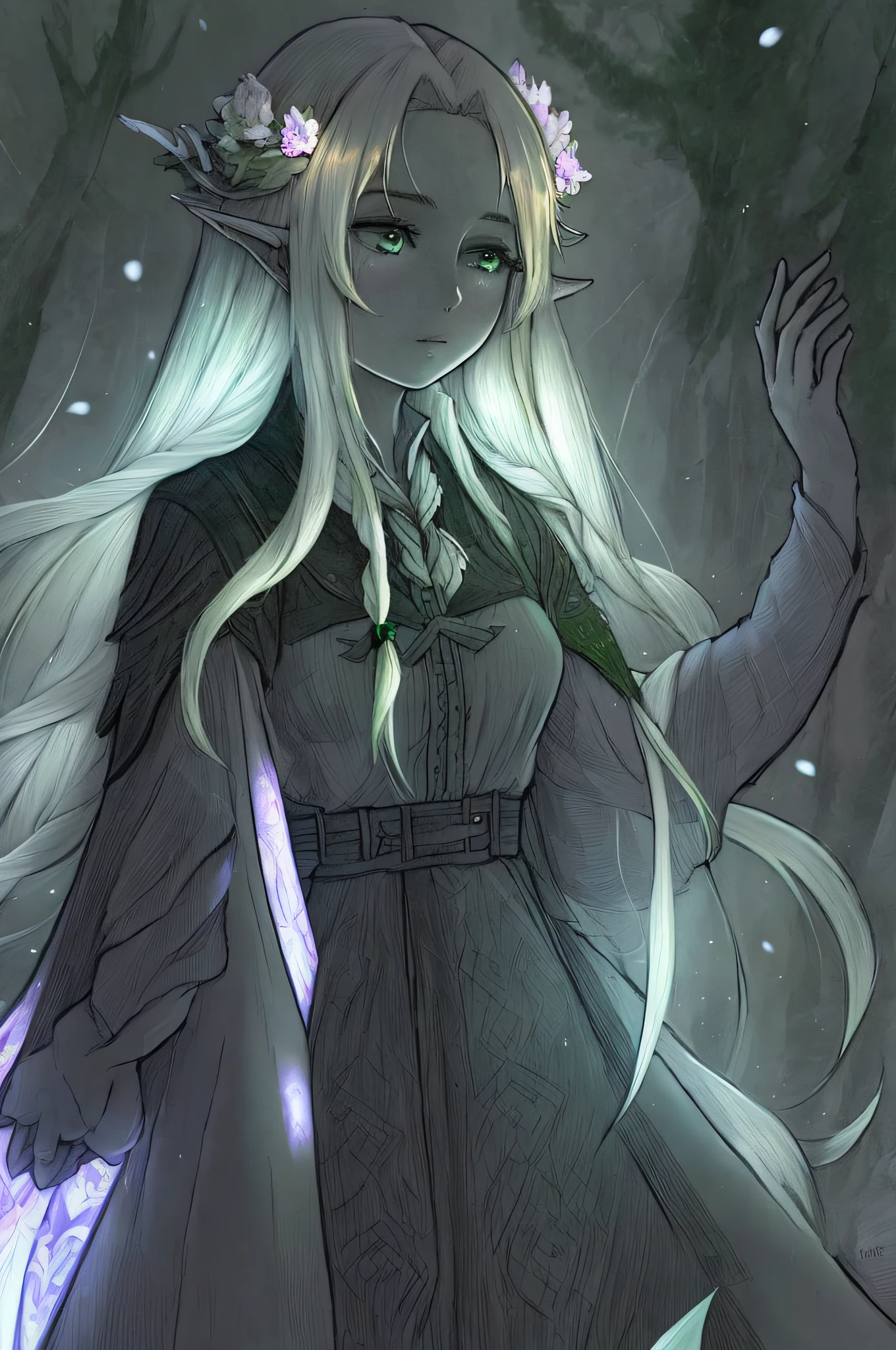 upper body close-up, druid female elf, multiple stitched layer cloth armor, white silk cloak, intricate floral pattern, long dark blonde hair, waterfall braid hairstyle, detailed face and eyes, young woman, forest lake with ruins background, volumetric light, god rays, long elf ears, green and white silk outfit, wooden accessories