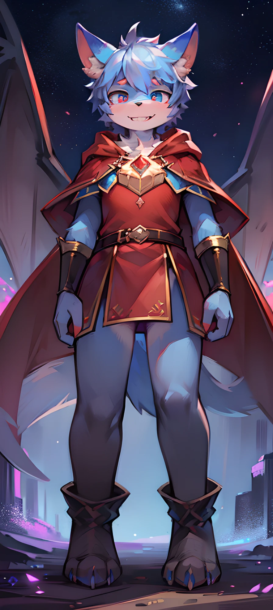 Bright environment, high quality, (toddler, dragon, neutral, animal: 1.4), absurd res, digital painting \ (artwork), (dragon, fluffy fur, character focus: 1.3), short hair, portrait, bright eyes, left eye red, right eye blue, (short dragon horn: 1.3), panorama, (character focus: 1.3). (detailed background: 0.9), solo, furry, furry neutral, neutral focus, standing, (full body fur, furry tail, red and blue fur, red and blue eyes, gray hair: 1.3), (small wings: 1.5), (long canine teeth: 1.0), king, (red cloak: 1.1) (towers of god, blue towers, violet, blue, red, god, red sky, violet sky, starry sky, stars, starry towers, starry god, light blue, civilization, order: 1.3), (magic array: 1.5), (magic particles, magic: 1.3), (face details, hand details, foot details, ear details: 1.1), better movements