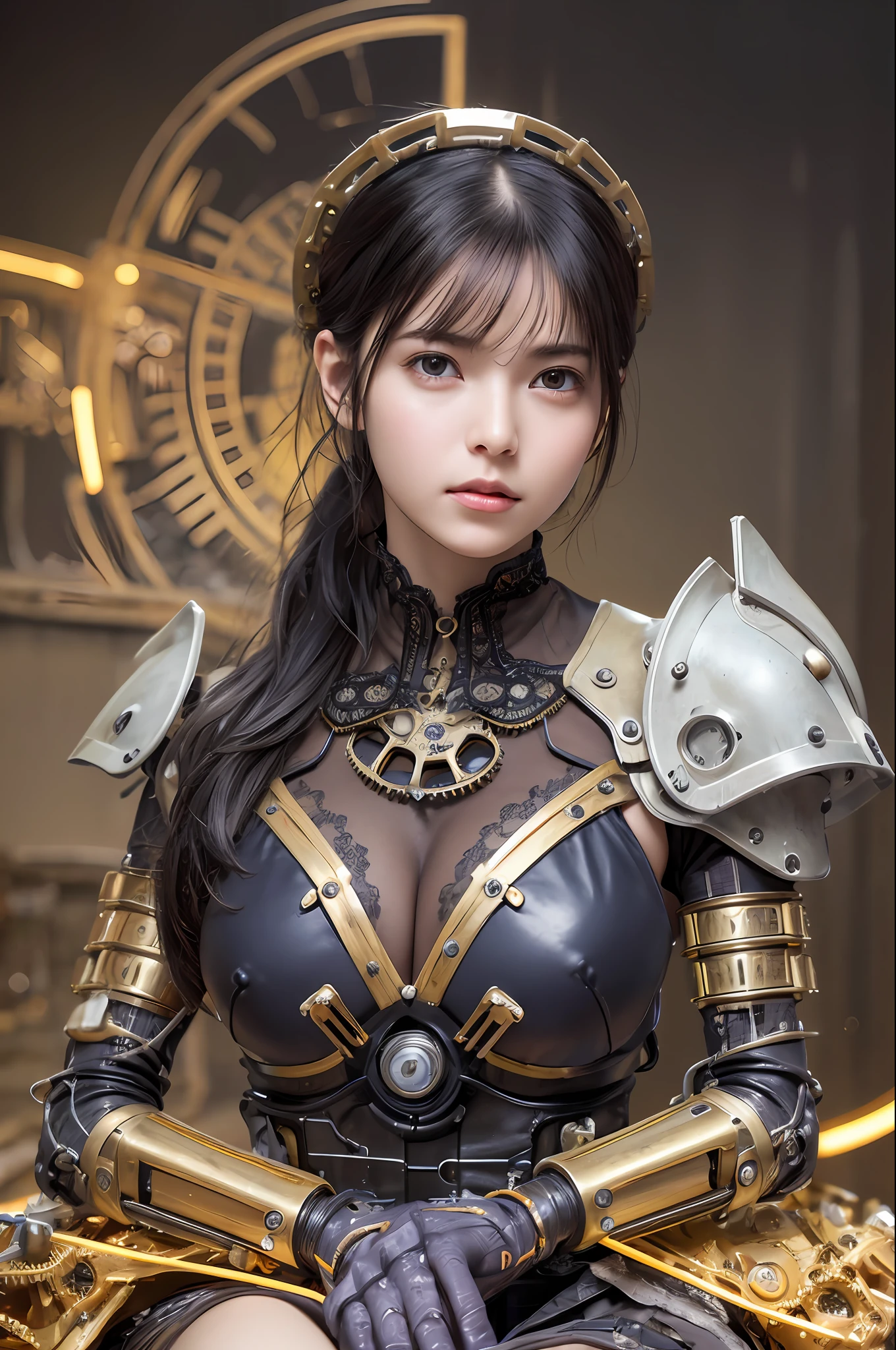 Top Quality, Masterpiece, Ultra High Resolution, (Photorealistic: 1.4), Raw Photo, 1 Girl, Black Hair, Glossy Skin, 1 Mechanical Girl, (Ultra Realistic Details)), Portrait, Global Illumination, Shadows, Octane Rendering, 8K, Ultra Sharp, Big, Cleavage Exposed Raw Skin, Metal, Detail of Intricate Ornaments, steampunk details, Matsumoto meter, vacuum tube, nixie suga, oil pressure gauge, glass tube, analog meter, gears, gears, golden hydraulic cylinder, very intricate detail, realistic light, CGSoation trend, purple eyes, glowing eyes, facing the camera, neon details, mechanical limbs, blood vessels connected to tubes, mechanical vertebrae attached to the back, mechanical cervical to attach to the neck, sitting, wires and cables connecting to the head, Gundam, small LED lamps,