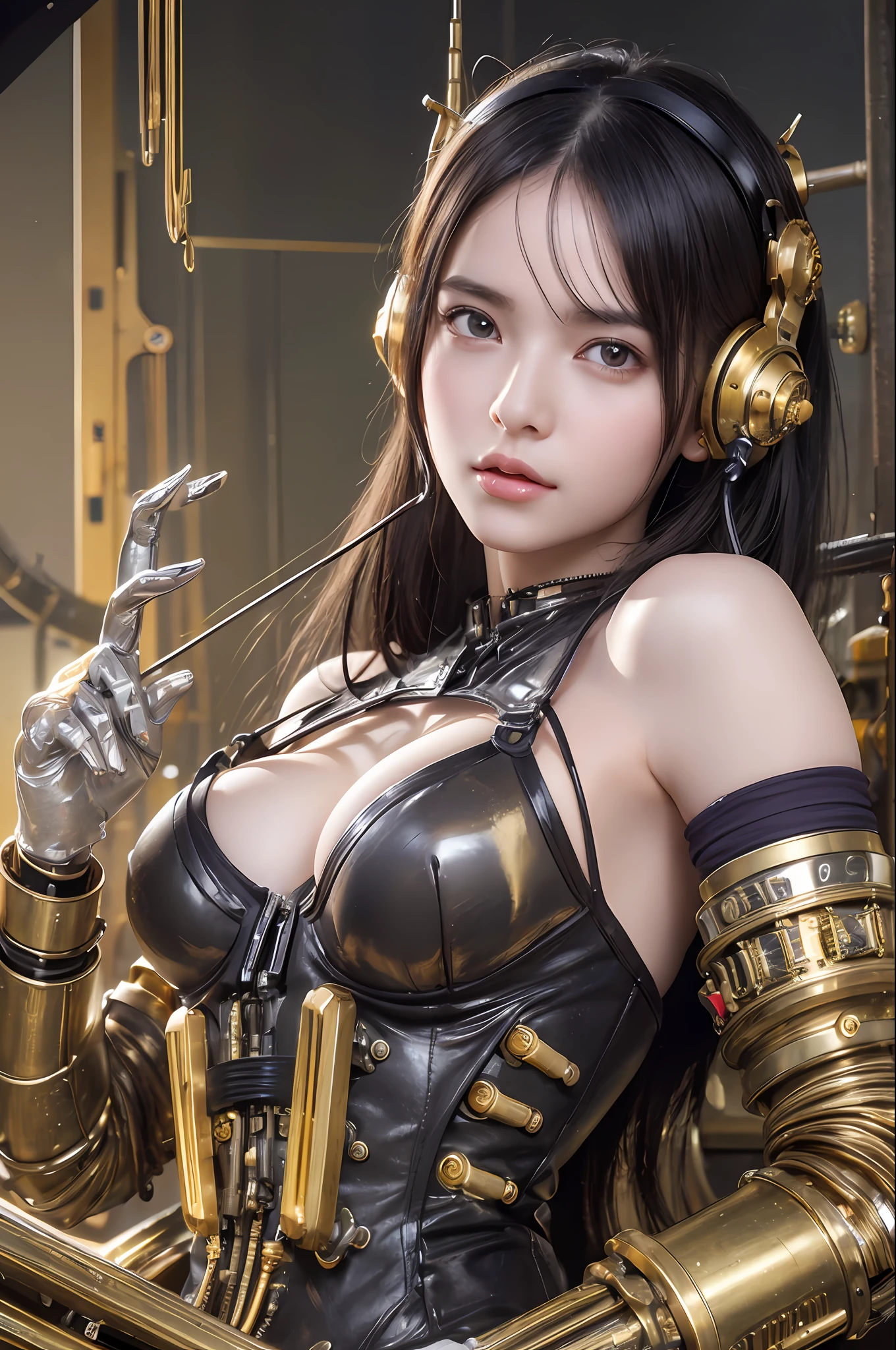 Top Quality, Masterpiece, Ultra High Resolution, (Photorealistic: 1.4), Raw Photo, 1 Girl, Black Hair, Glossy Skin, 1 Mechanical Girl, (Ultra Realistic Details)), Portrait, Global Illumination, Shadows, Octane Rendering, 8K, Ultra Sharp, Big, Cleavage Exposed Raw Skin, Metal, Detail of Intricate Ornaments, steampunk details, Matsumoto meter, vacuum tube, nixie suga, oil pressure gauge, glass tube, analog meter, gears, gears, golden hydraulic cylinder, very intricate detail, realistic light, CGSoation trend, purple eyes, glowing eyes, facing the camera, neon details, mechanical limbs, blood vessels connected to tubes, mechanical vertebrae attached to the back, mechanical cervical to attach to the neck, sitting, wires and cables connecting to the head, Gundam, small LED lamps,