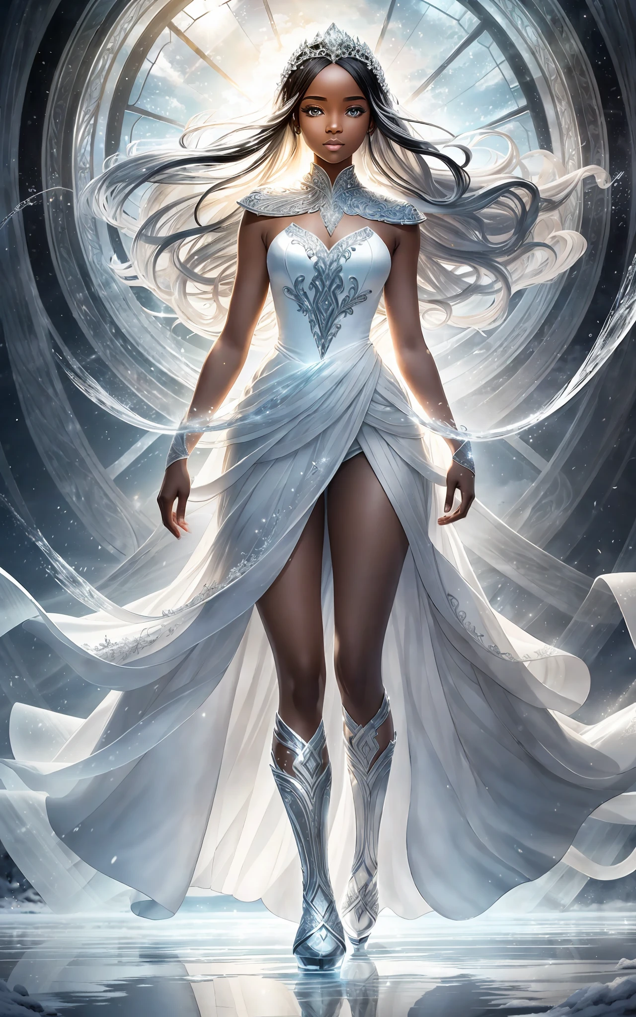 award winning 64k concept art of (black 1girl:1.2) in white majestic open dress standing proudly on the ice, posing, epic, god rays, centered, upper body, (masterpiece:1.2), (best quality:1.2), Amazing, highly detailed, beautiful, finely detailed, warm soft color grading, Depth of field, extremely detailed 64k, fine art, stunning, iridescent, shiny, (light reflections:1.2), (crisp:1.5), silver curls, wind, vibrant, sunlit, (edge detection:1.2), absurdres, impressive, 120mm