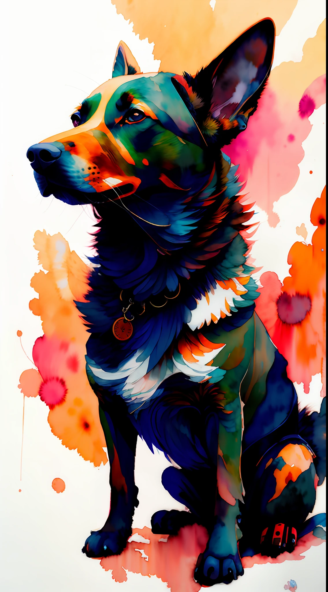 wtrcolor style, (dog) digital art, official art, windblown, masterpiece, gorgeous, ((watercolor)), paint splashes, intricate details. Great detail, [pinging: 0.7], Trending at Artstation, Rachel Walker