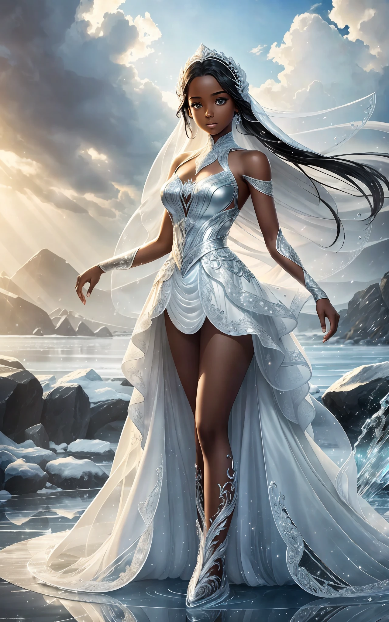 award winning 64k concept art of (black 1girl:1.2) in white majestic open dress standing proudly on the ice, posing, epic, god rays, centered, upper body, (masterpiece:1.2), (best quality:1.2), Amazing, highly detailed, beautiful, finely detailed, warm soft color grading, Depth of field, extremely detailed 64k, fine art, stunning, iridescent, shiny, (light reflections:1.2), (crisp:1.5), silver curls, wind, vibrant, sunlit, (edge detection:1.2), absurdres, impressive, 120mm