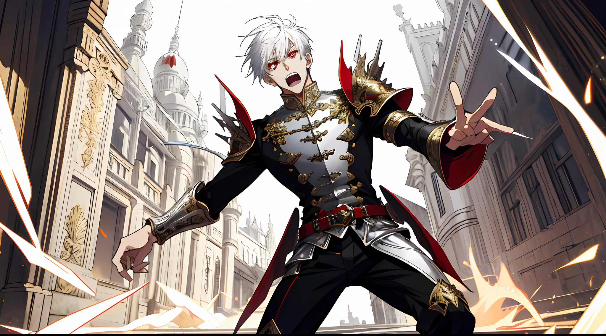 (absurd, high resolution, super detailed), (panorama), (1 male), tall, in silver armor, red eyes, evil charm, short white hair, golden palace, (surprised), open mouth, run, fear,