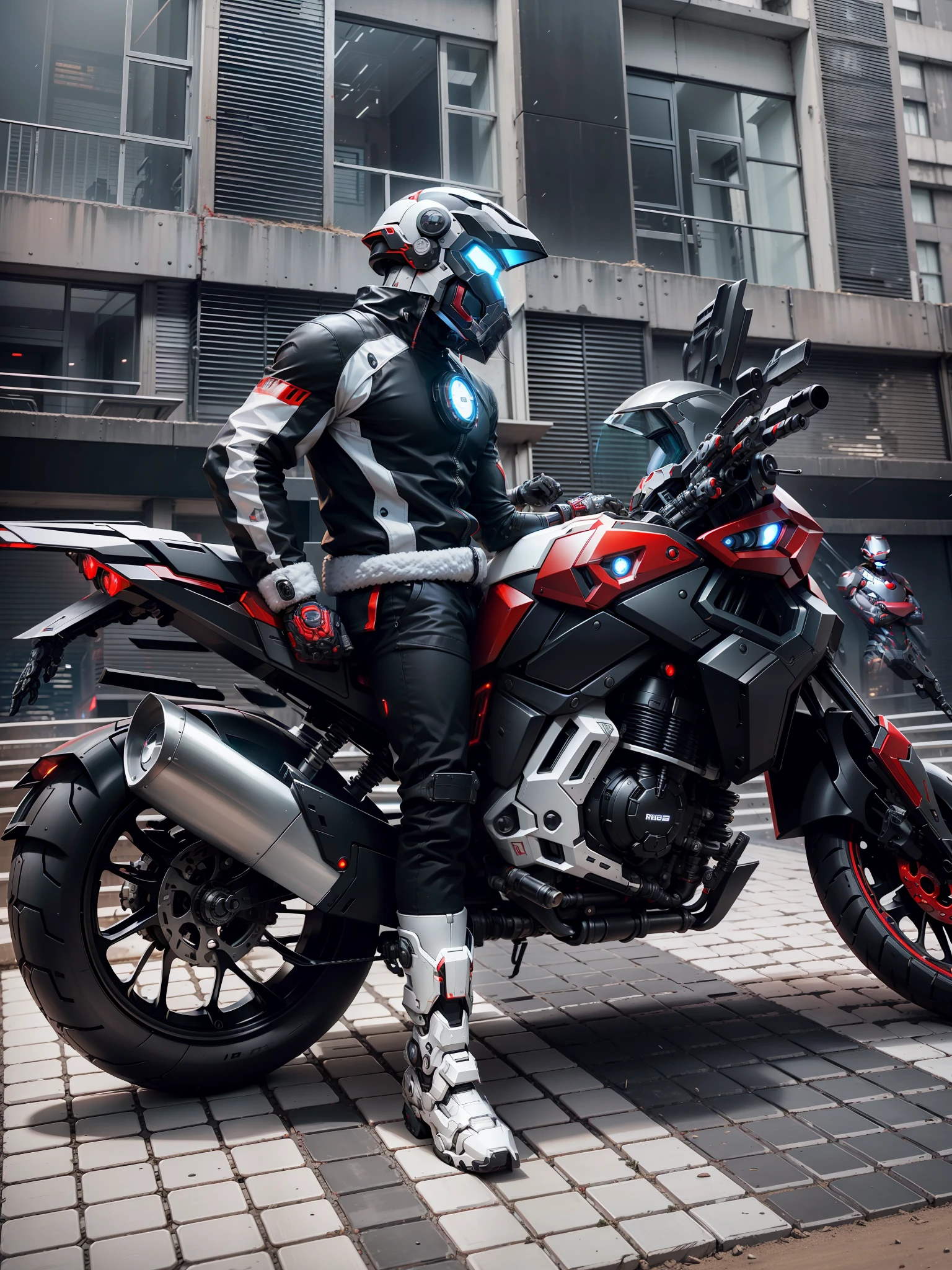 Brave full body black and red mech Iron Man Warrior and Cyber Mechanical Motorcycle, high-tech white full enveloping helmet, Nousr, biomechanics, MSHN robot man, high-tech helmet, surreal, steel, complex design, crazy details, fine details, extremely clear lines, cinematic lighting, photorealistic, detailed masterpiece