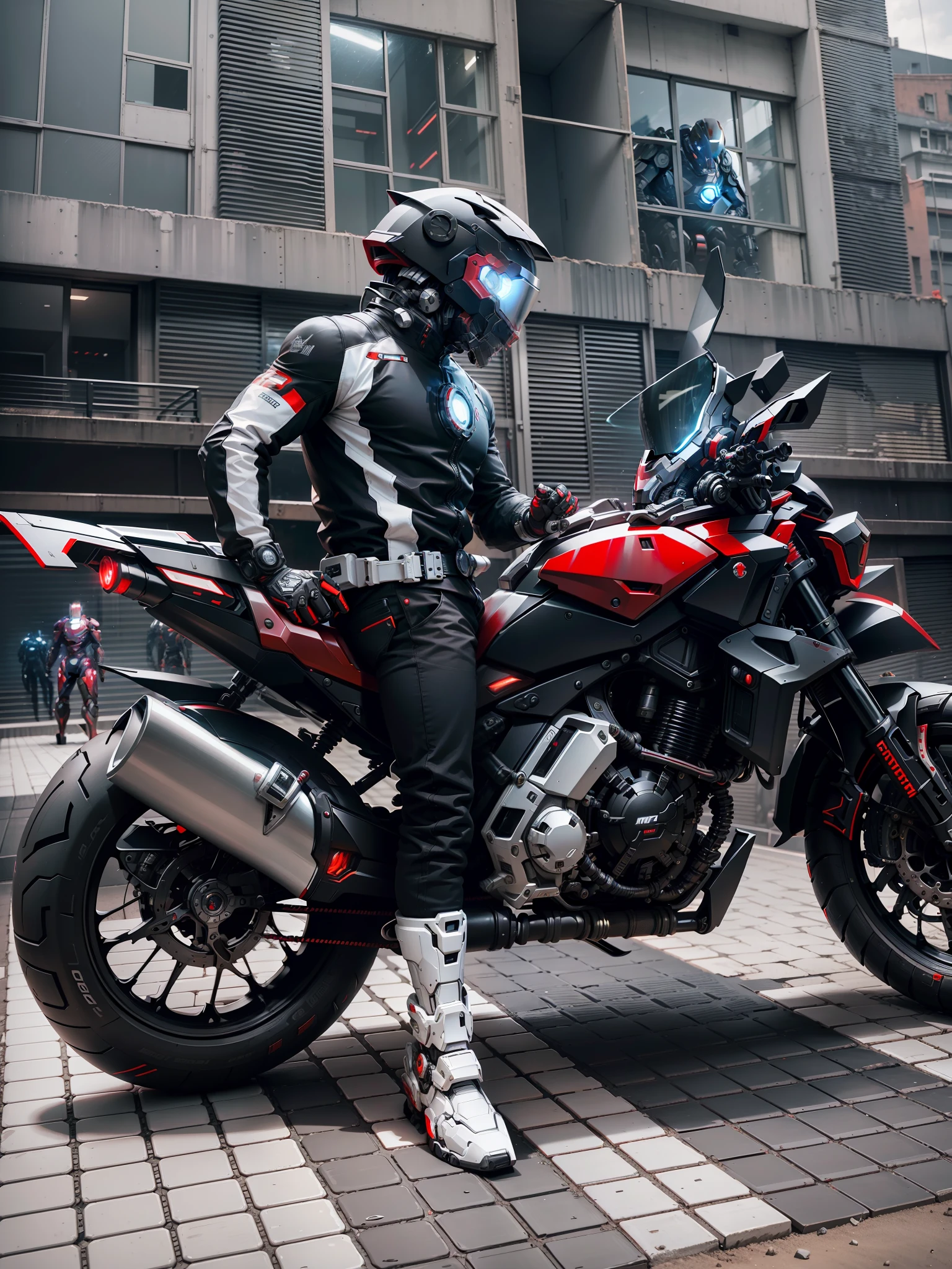 Brave full body black and red mech Iron Man Warrior and Cyber Mechanical Motorcycle, high-tech white full enveloping helmet, Nousr, biomechanics, MSHN robot man, high-tech helmet, surreal, steel, complex design, crazy details, fine details, extremely clear lines, cinematic lighting, photorealistic, detailed masterpiece