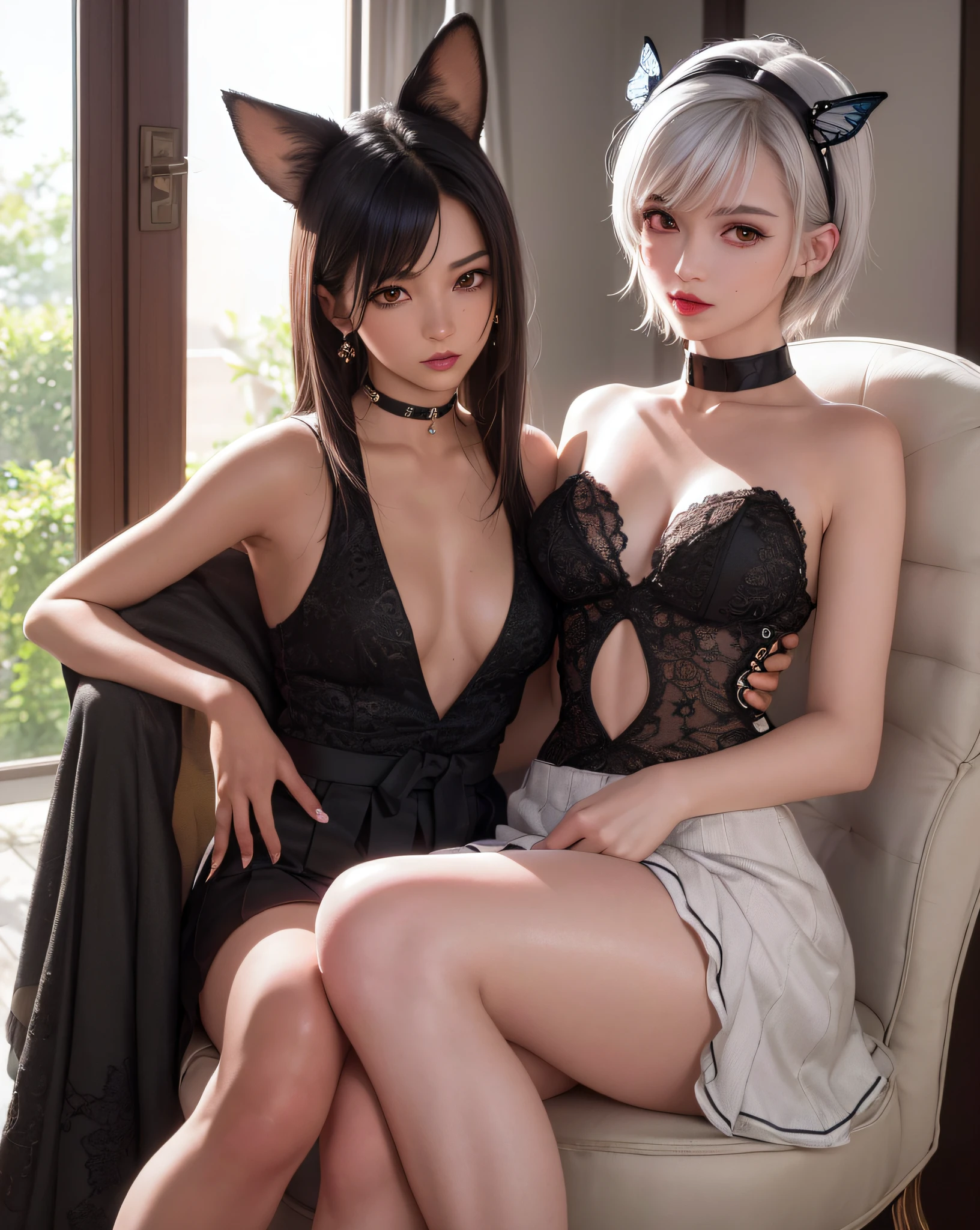 (Masterpiece, Best Quality, Ultra Detailed, 8K, Detailed Light, (Detailed Skin), 1 Sexy Girl, Tifa, Face, 18 years old, Brunette hair, Long hair, Black eyes, Eye reflex, Affectionate Eyes, Detailed Eyes, Solo, Extremely Tender Skin, Hydrated Skin, Skin Reflections, Updraft), Highres, an Extremely Delicate and Beautiful Girl, Realistic, short hair,silver hair,Sailor dress,striped_socks,black choker ,small breast,gyaru,monster,smirk,dog_ears,lie,thumbs_up,straddling,arched_back,Bare arms,chair,butterfly, night,in a meadow,gorgeous