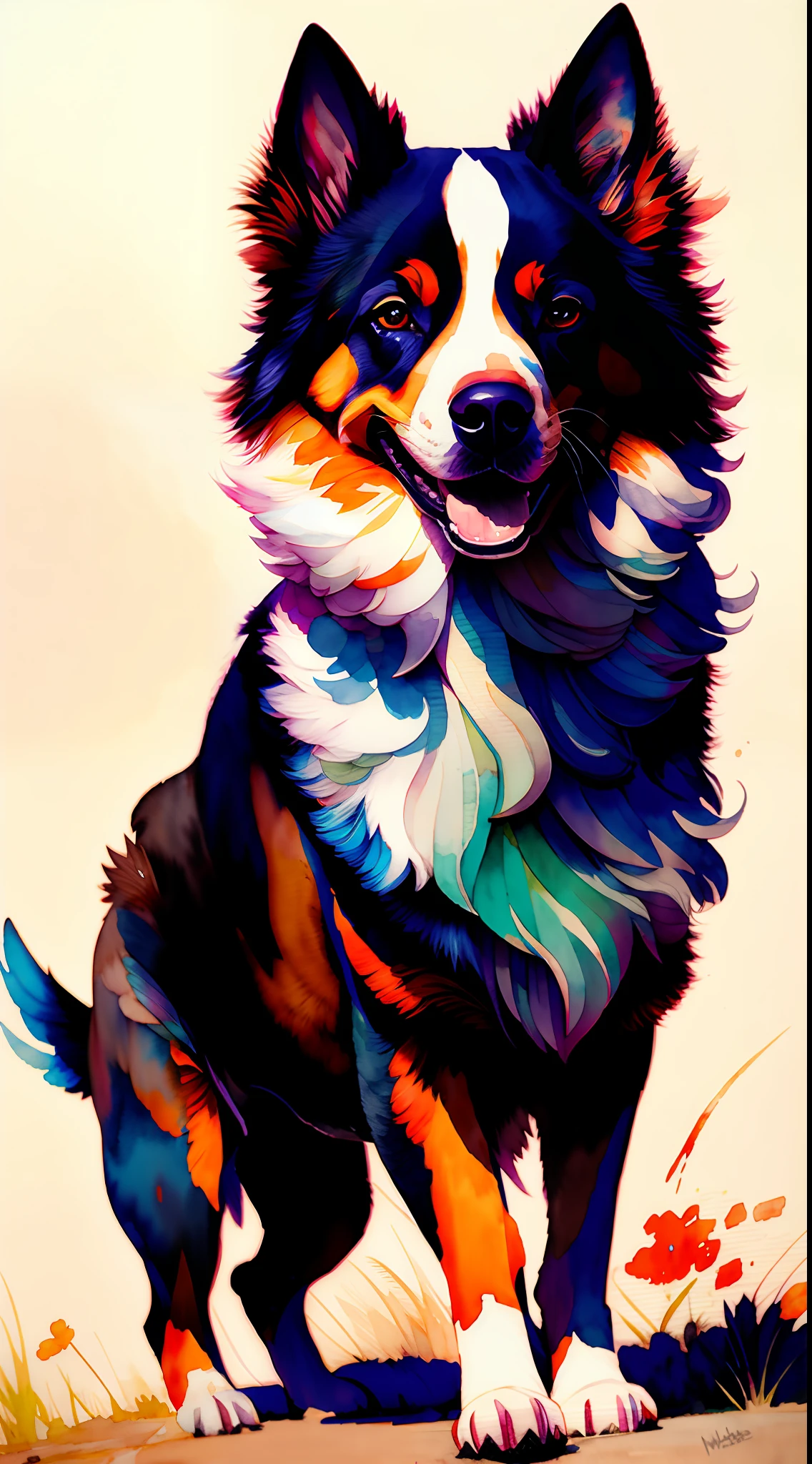 wtrcolor style, (dog) digital art, official art, windblown, masterpiece, gorgeous, ((watercolor)), paint splashes, intricate details. Great detail, [pinging: 0.7], Trending at Artstation, Rachel Walker