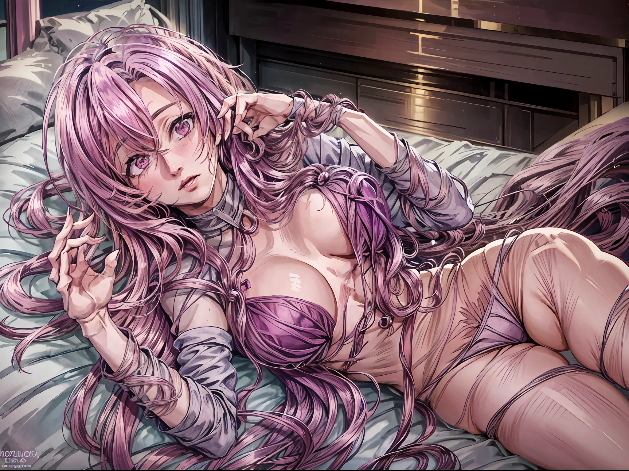 anime, (mature:1.8)female, laying in a bed, very long (purple)hair, perky small boobs, thick thighs, slim body, pink eyes, pale skin