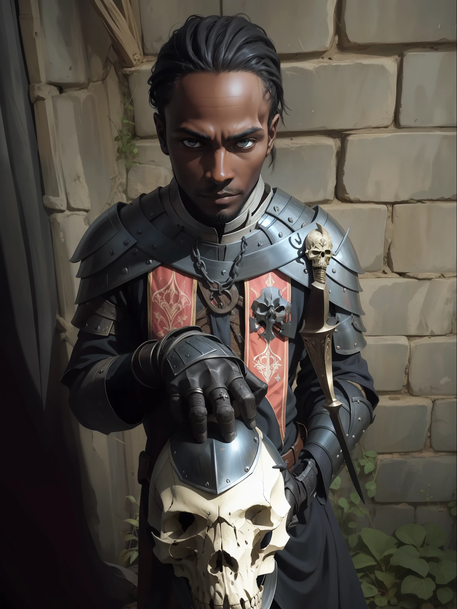 Medieval knight, with dark skin holding a skull helmet made of bones and metal