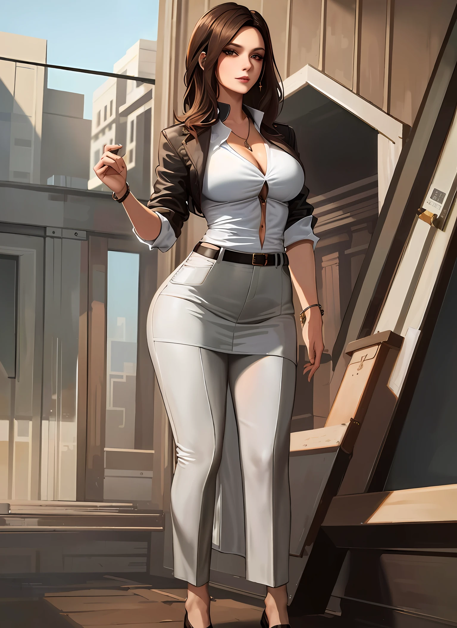 (Best quality, High resolution, Masterpiece :1.3), A tall and pretty woman, Slender abs, Dark brown hair styled in loose waves, Breasts, Wearing pendant, White button up shirt, Belt, Black skirt, (Modern architecture in background), Details exquisitely rendered in the face and skin texture, Detailed eyes, Double eyelid