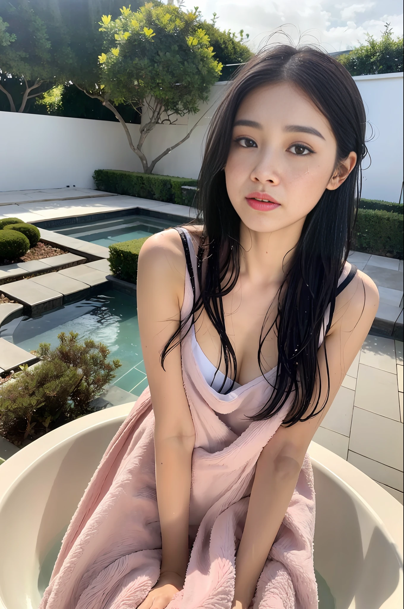 (8K, Best Quality, Masterpiece: 1.2), (Realistic, Photorealistic: 1.37), Ultra Detailed, Soft Light, One Girl, Cute, Solo, Beautiful Details Sky, Open Window, Blush, Pink Cheeks, (Shy Face: 1.15), (Shut Up), (Skinny: 1.7), (Flat Chest: 1.9), (Small Breast: 1.9), (Small Breast: 1.9), Beautiful delicate eyes, beautiful delicate nose, rain, (medium hair: 1.5), puffy novafrog style, visible, (black hair), squinted, thin eyebrows, mature face, ((towel slippery, wet skin, wet hair, wet face, disheveled hair)), arms outstretched, hands grabbing one side of the tub))), open-air bath, Japan hot spring, hot spring, night