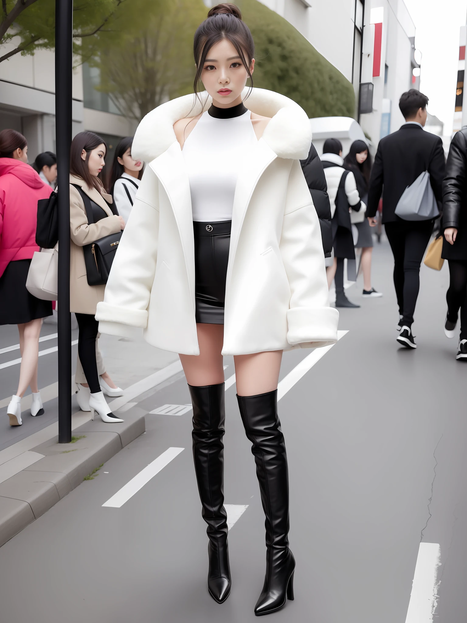 A woman in a white top and black boots standing on the street, Korean female fashion model, white fluffy outfit, short skirt and long jacket, Japanese city street fashion, black pink Rosan Park, she wears streetwear, Japanese street fashion, Tokyo fashion, woman in streetwear, jacket and skirt, street fashion, Harajuku street fashion, beautiful woman walking in the wind, black gloves, over-the-knee red boots, tall, long legs, perfect body proportions, thin waist, black suspender stockings, tall, Slender body, nine-headed body, big eyes, beautiful and exquisite face, perfect body details, perfect body proportions, perfect visual proportions, fashion shooting, glamorous, feminine, delicate, highlighting female curves, subtext: sexy, confident. Korean girl