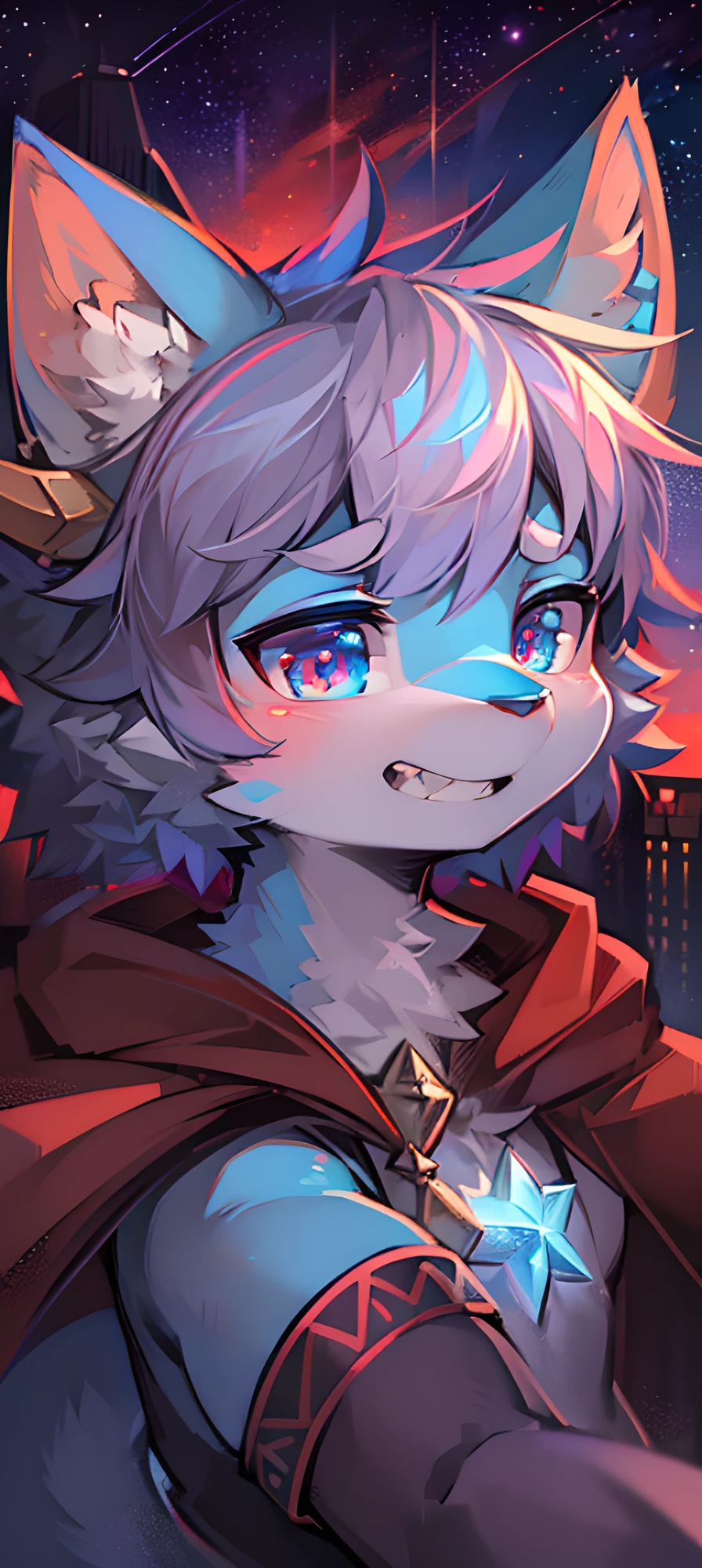 Bright environment, high quality, (toddler, dragon, neutral, animal: 1.4), absurd res, digital painting \ (artwork), (dragon, fluffy fur, character focus: 1.3), short hair, portrait, bright eyes, left eye red, right eye blue, (short dragon horn: 1.3), panorama, (character focus: 1.3). (detailed background: 0.9), solo, furry, furry neutral, neutral focus, standing, (full body fur, furry tail, red and blue fur, red and blue eyes, gray hair: 1.3), (small wings: 1.5), (long canine teeth: 1.0), king, (red cloak: 1.1) (towers of god, blue towers, violet, blue, red, god, red sky, violet sky, starry sky, stars, starry towers, starry god, light blue, civilization, order:1.3), (magic array: 1.5), (magic particles, magic: 1.3), (face details, hand details, foot details, ear details: 1.1), better movements, High cold