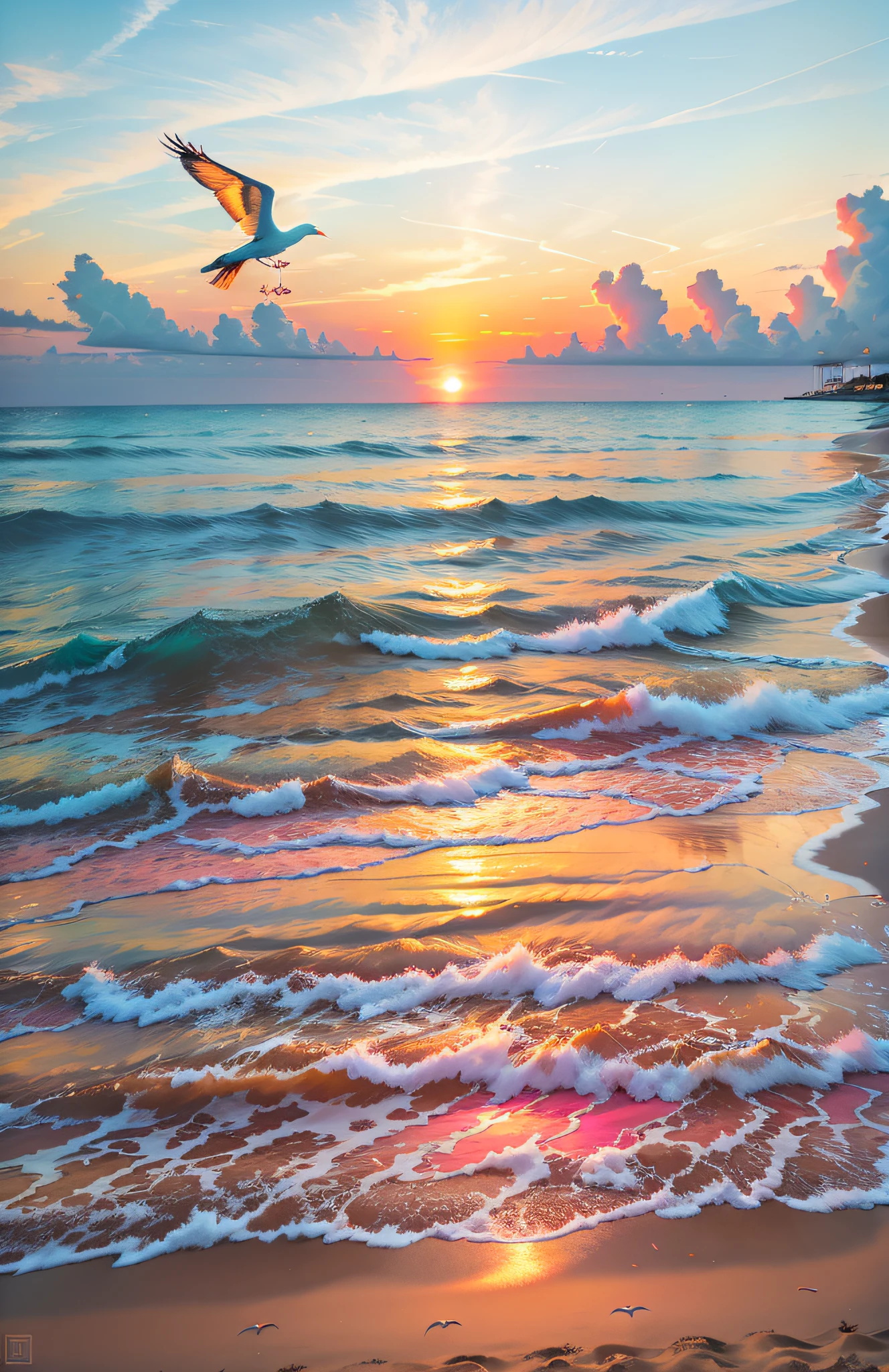 An absolutely mesmerizing sunset on the beach, with a mix of orange, pink, and yellow in the sky. The water is crystal clear, gently kisses the coast, and the white sand is endless. The scene is dynamic and breathtaking, with seagulls soaring high in the sky and palm trees swaying softly. Immerse yourself in the calm atmosphere and let the serenity surround you.