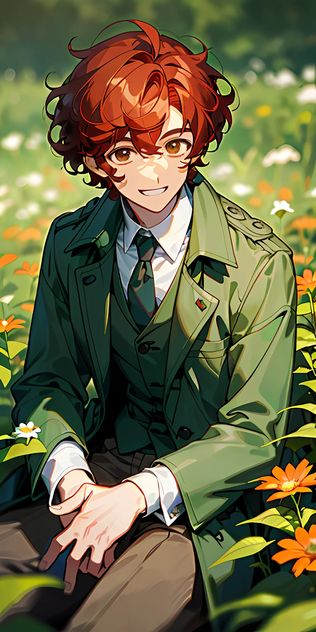 (masterpiece, best quality), 1 male, boy with short curly red hair sitting in a field of green plants and flowers, handsone, warm lighting, cheerful smile, dark brown eyes, wearing a trenchcoat, close-up, blurry foreground, excited grin