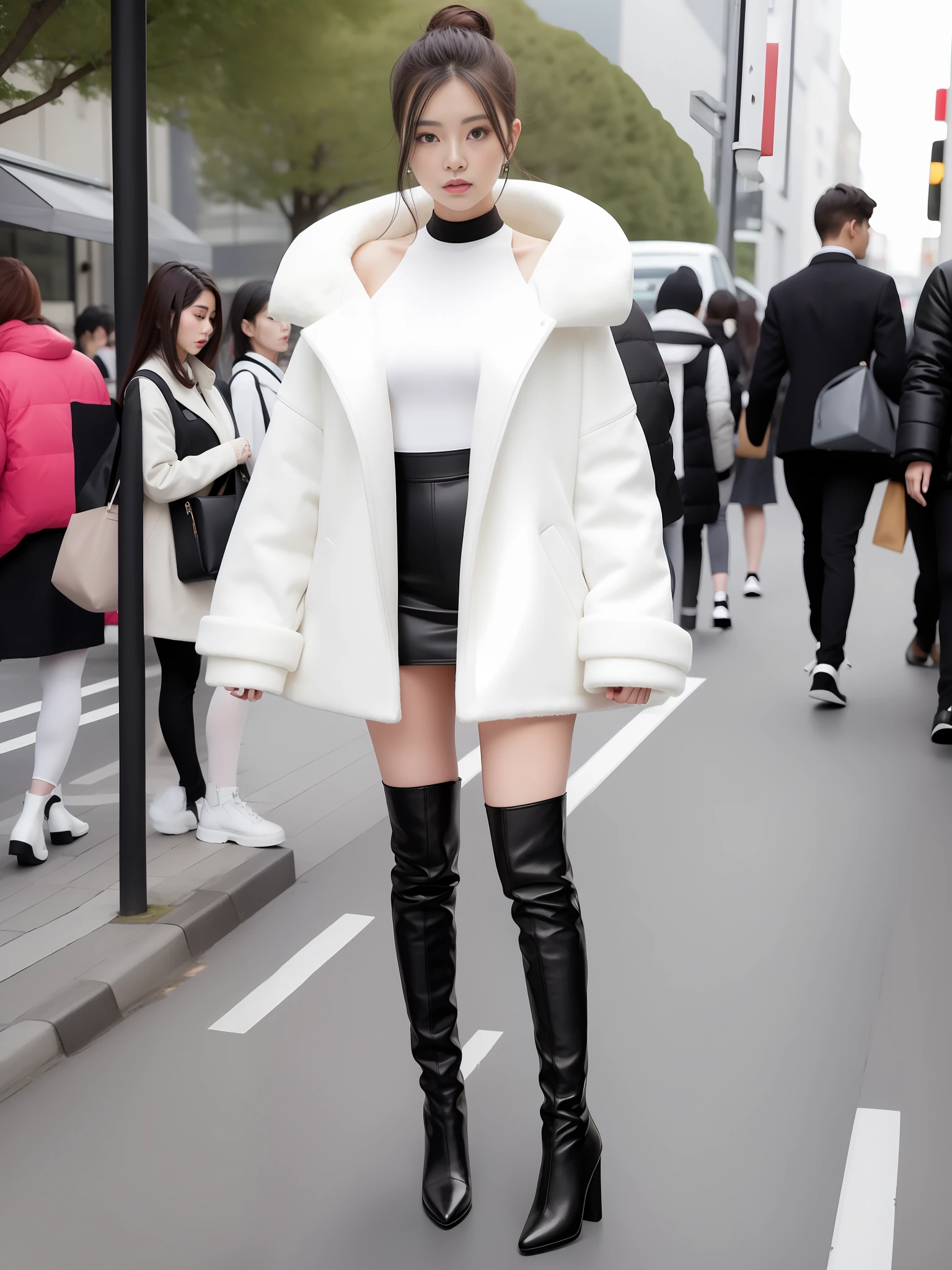 A woman in a white top and black boots standing on the street, Korean female fashion model, white fluffy outfit, short skirt and long jacket, Japanese city street fashion, black pink Rosan Park, she wears streetwear, Japanese street fashion, Tokyo fashion, woman in streetwear, jacket and skirt, street fashion, Harajuku street fashion, beautiful woman walking in the wind, black gloves, over-the-knee red boots, tall, long legs, perfect body proportions, thin waist, black suspender stockings, tall, Slender body, nine-headed body, big eyes, beautiful and exquisite face, perfect body details, perfect body proportions, perfect visual proportions, fashion shooting, glamorous, feminine, delicate, highlighting female curves, subtext: sexy, confident. Korean girl