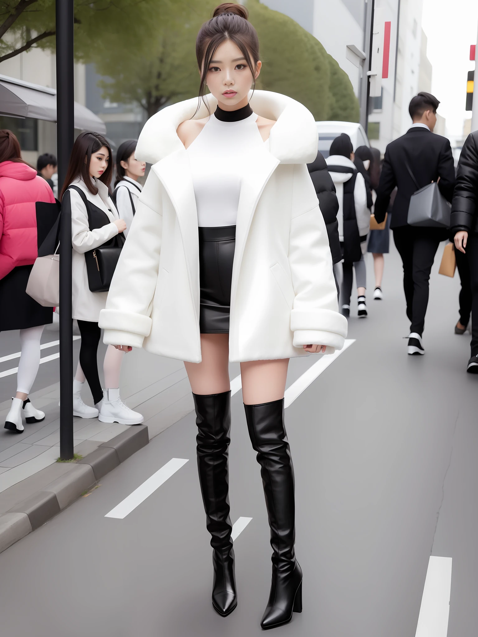 A woman in a white top and black boots standing on the street, Korean female fashion model, white fluffy outfit, short skirt and long jacket, Japanese city street fashion, black pink Rosan Park, she wears streetwear, Japanese street fashion, Tokyo fashion, woman in streetwear, jacket and skirt, street fashion, Harajuku street fashion, beautiful woman walking in the wind, black gloves, over-the-knee red boots, tall, long legs, perfect body proportions, thin waist, black suspender stockings, tall, Slender body, nine-headed body, big eyes, beautiful and exquisite face, perfect body details, perfect body proportions, perfect visual proportions, fashion shooting, glamorous, feminine, delicate, highlighting female curves, subtext: sexy, confident. Korean girl