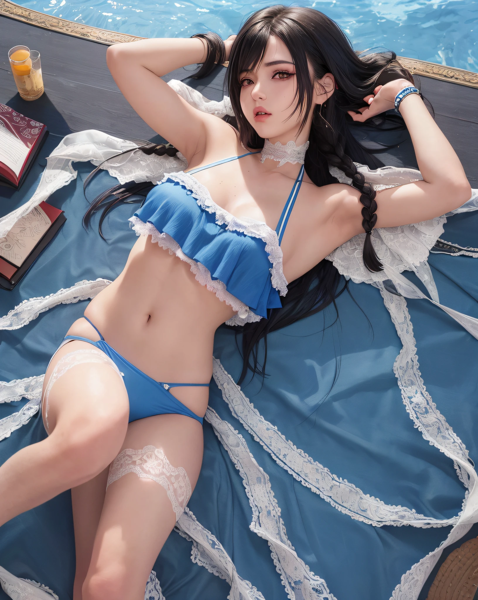 (Masterpiece, Best Quality, Ultra Detailed, 8K, Detailed Light, (Detailed Skin), 1 Sexy Girl, Tifa, Face, 18 years old, Brunette Hair, Long Hair, Black Eyes, Eye Reflex, Affectionate Eyes, Detailed Eyes, Solo, Extremely Tender Skin, Dewy Skin, Skin Reflective Light, Updraft), Highres, an Extremely Delicate and Beautiful, column_lineup, twin_ braids,blue hair,friled bikini,lace-trimmed legwear,eyepatch,small breast,female pervert,multiple_girls,pout,slit pupils ,jump,spread_arms,arm_support,arched_back,Bare thigh, bed,book,sun,plateau,beautiful detailed eyes