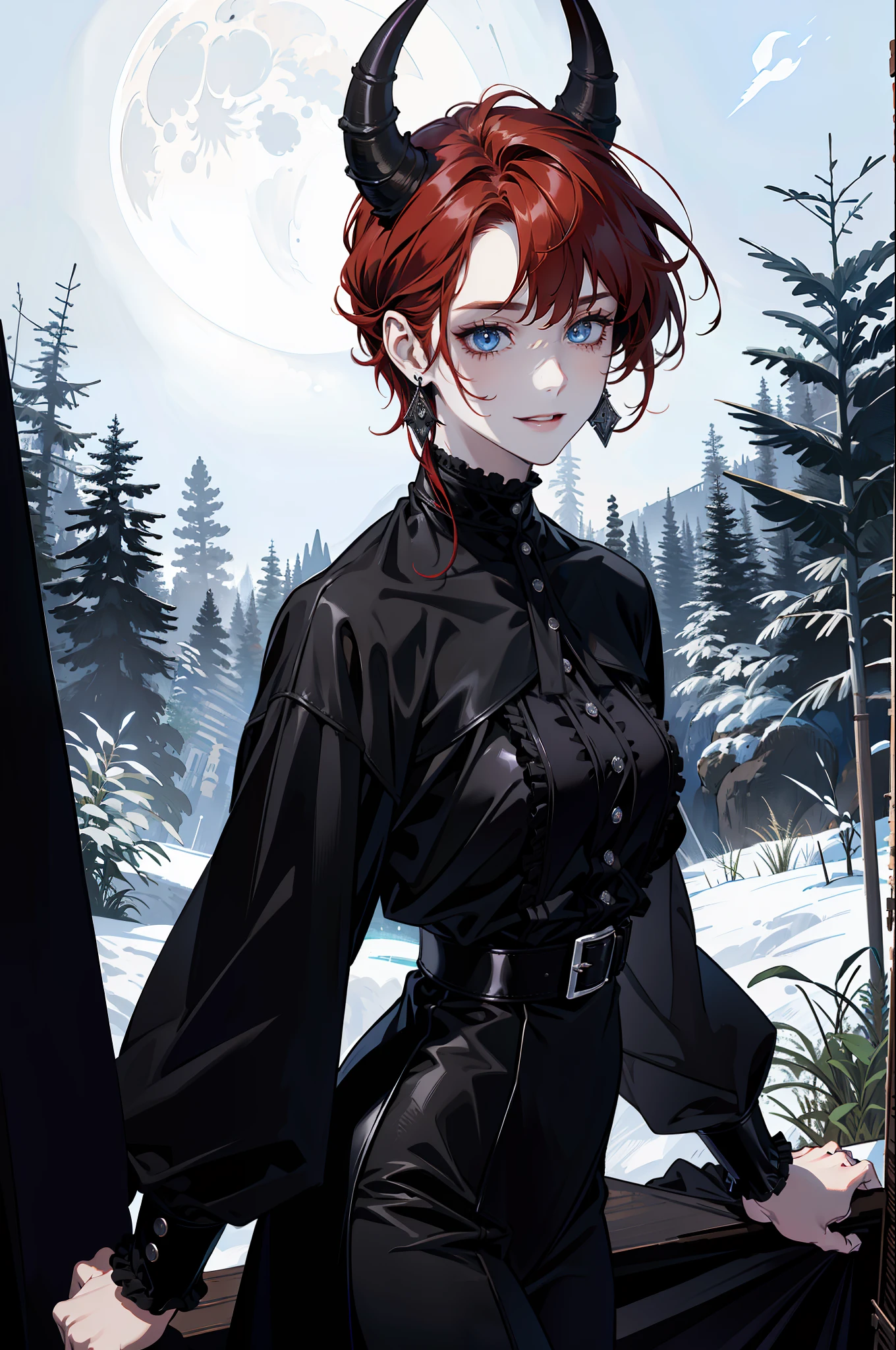 (absurdres, highres, ultra detailed), 1 girl, adult, handsome, tall, broad shoulders, finely detailed eyes and detailed face, black leather clothes, night, smile, dutch angle, short red hair, moon, forest, black horns in his head, silver details, earrings, black chocker, gothic, dark, vampire, black pants, horns, blue eyes, black simple dress, looking at the view, pale skin