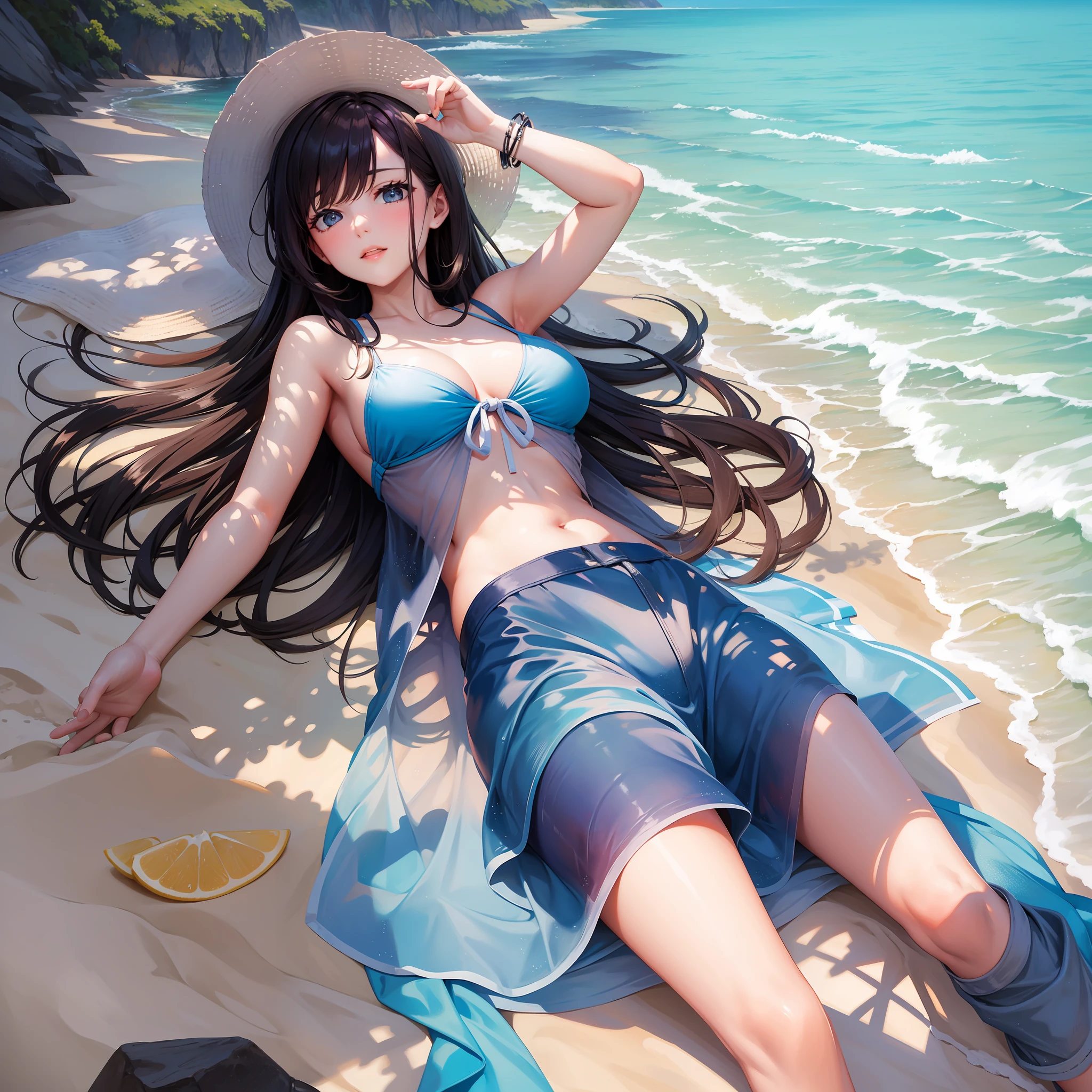 Beautiful half-lying on the beach